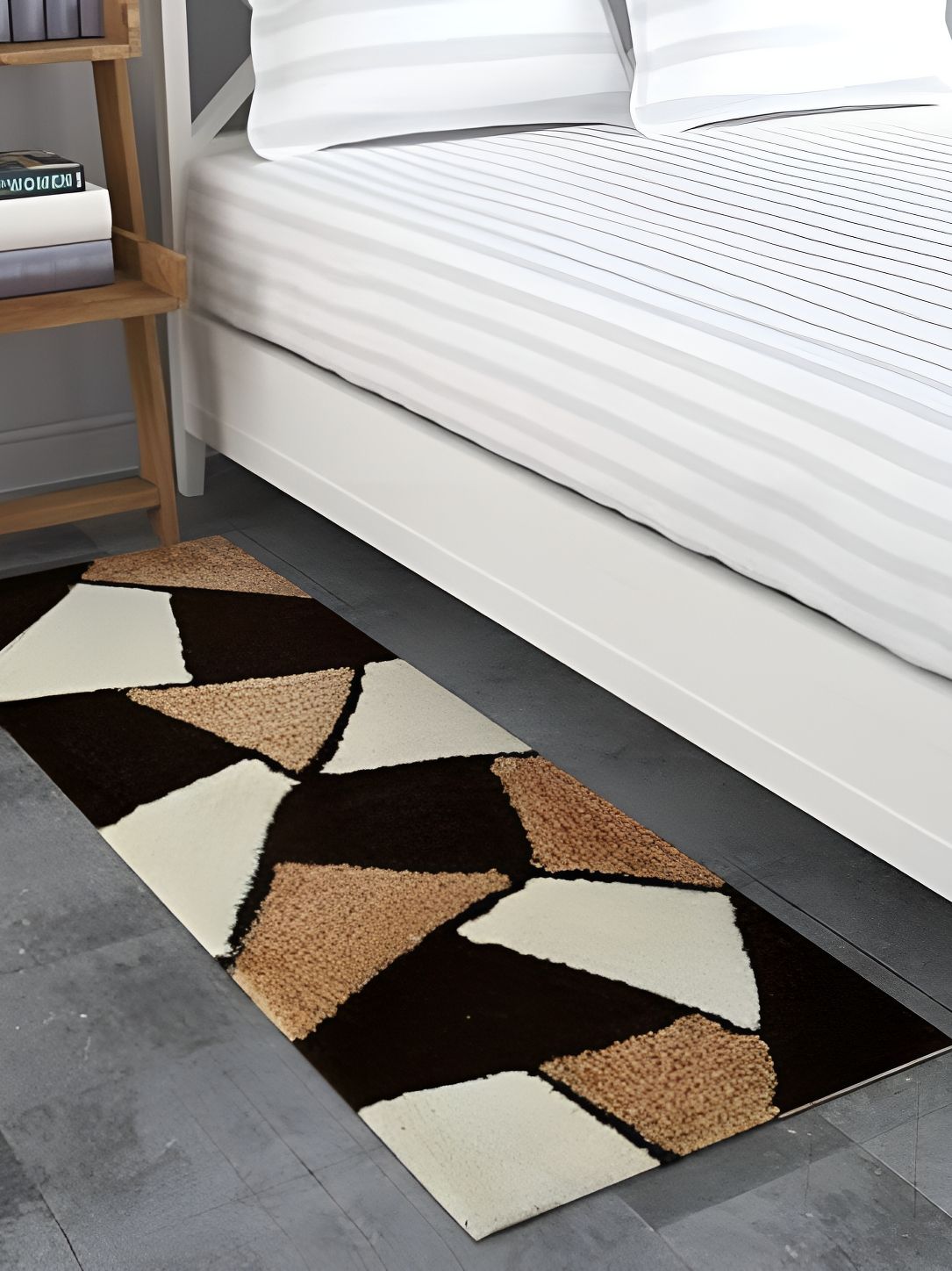 Shopgallery White & Brown Geometric 55 cm x 1.39 m Hand Tufted Anti Slip Floor Runner