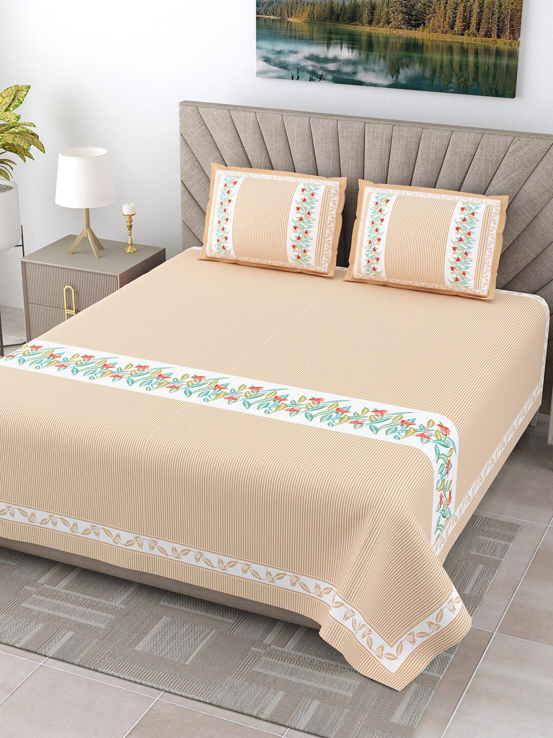 JAIPUR FABRIC Peach & White Floral Cotton 300 TC King Bedsheet with 2 Pillow Covers-picture-42