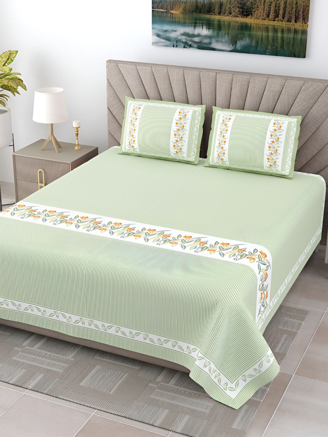 JAIPUR FABRIC Green & White Striped 300 TC King Bedsheet with 2 Pillow Covers-picture-27