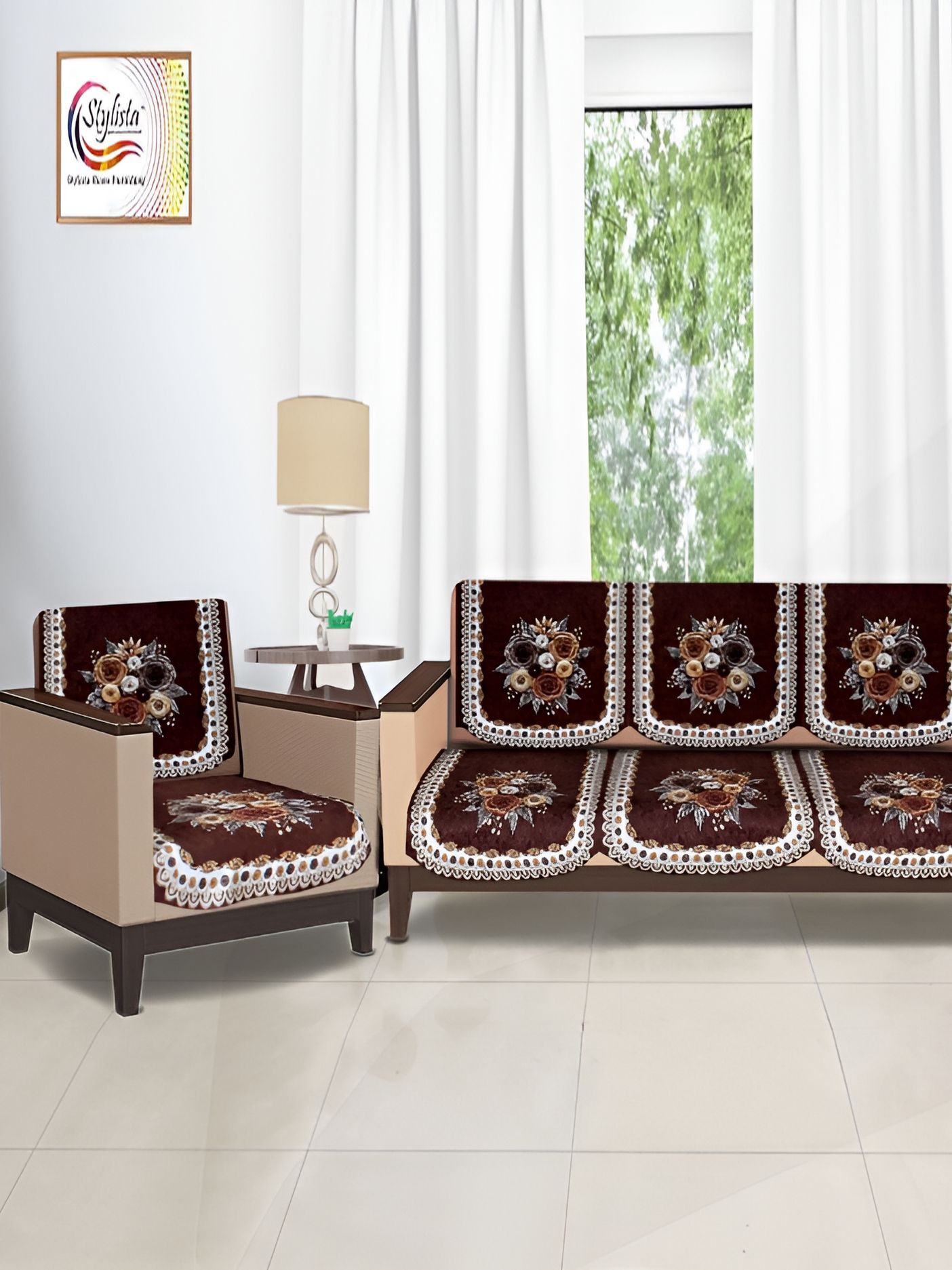 Stylista Brown & White 10 Pieces Floral Printed Velvet Cotton Sofa Covers-image-39