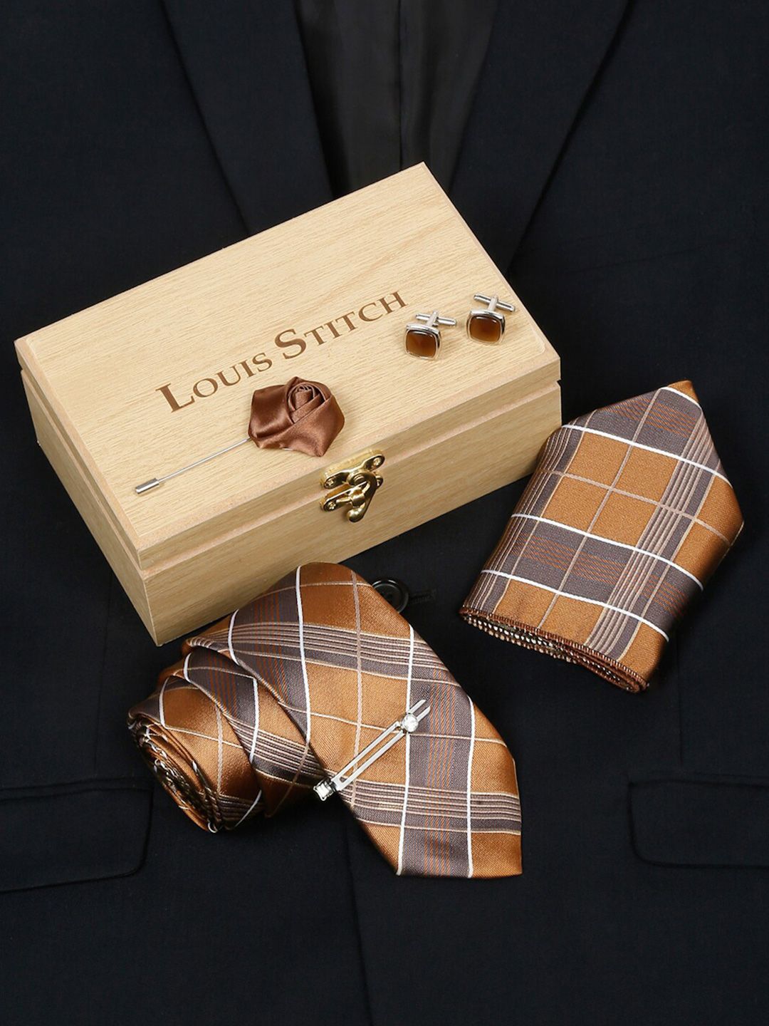 LOUIS STITCH Men Checked Silk Necktie Accessories Gift Set-picture-22