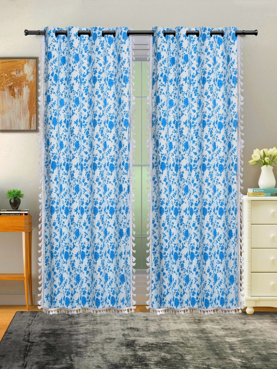 Cortina White & Blue Single Floral Printed Cotton Door Curtain-picture-28