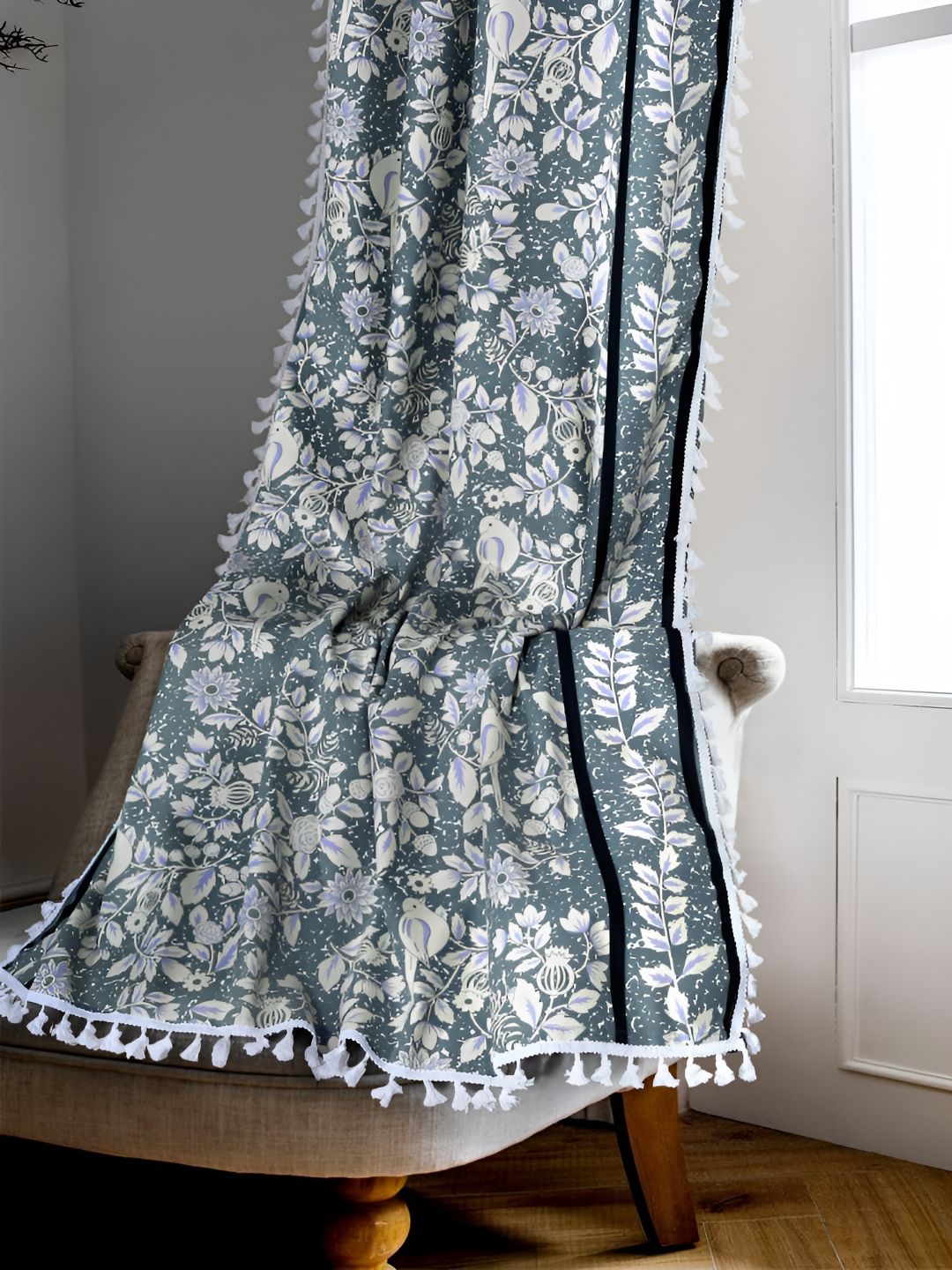 Cortina Blue & White Single Floral Cotton Long Door Curtain-picture-22