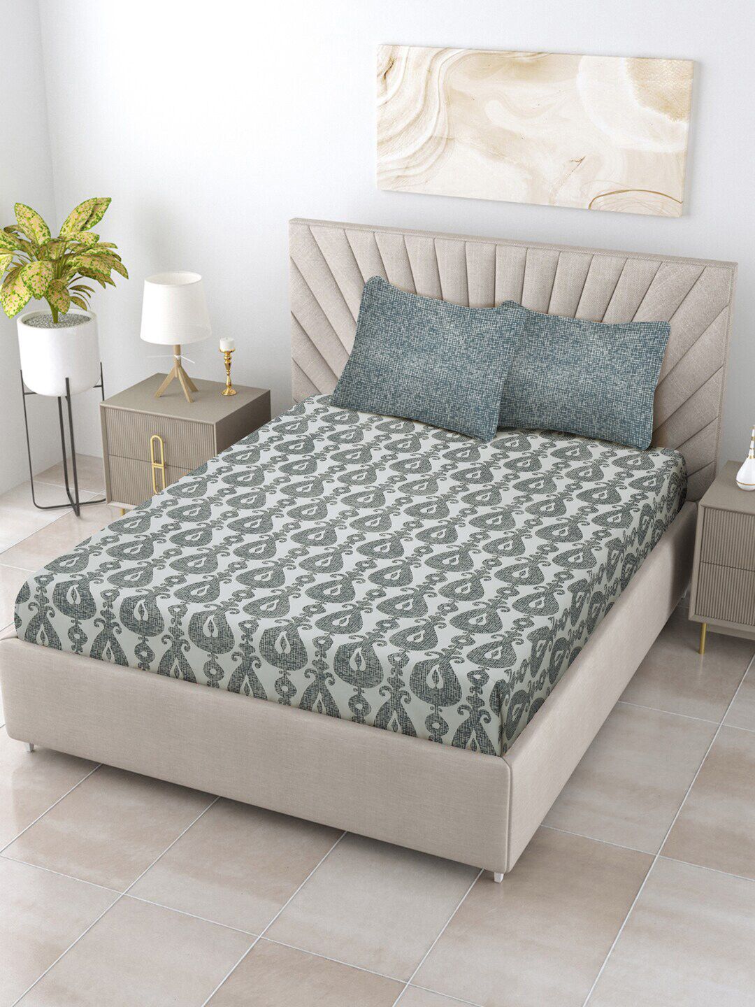 ratan cart TARAN LIVING Charcoal & White Ethnic Motifs 120 TC Cotton Queen Bedsheet & 2 Pillow Covers-picture-15