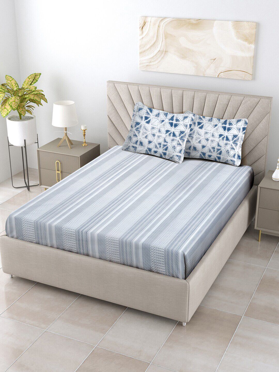 ratan cart TARAN LIVING Charcoal & White Geometric 120 TC Cotton King Bedsheet & 2 Pillow Covers-picture-12