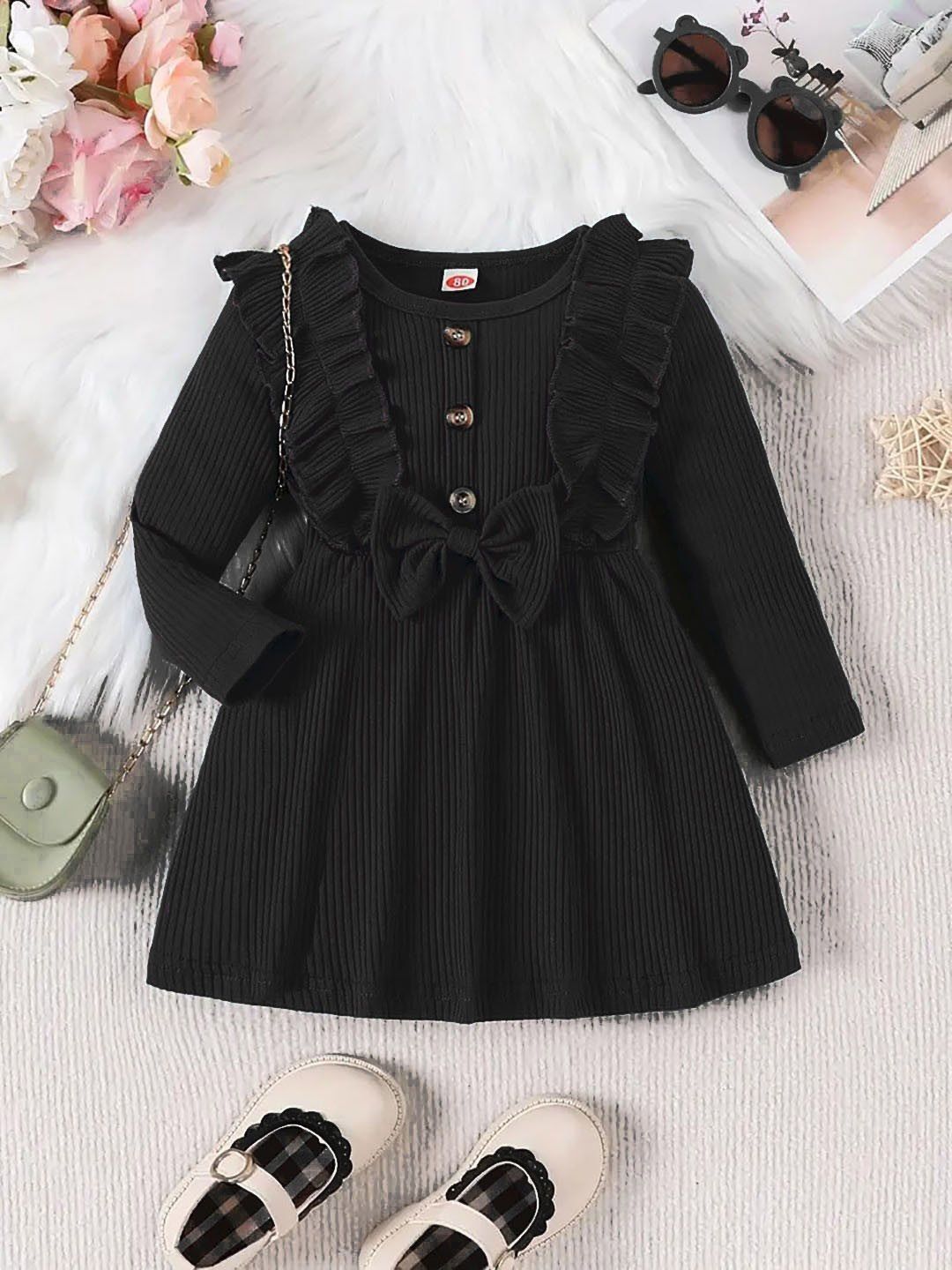 BAESD Girls Striped Round Neck Full Sleeves Ruffled Knee Length Fit & Flare Dress-picture-32