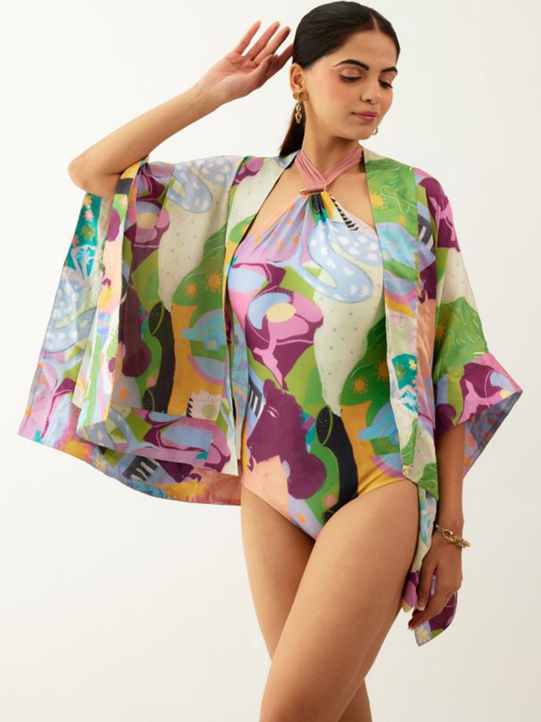 Tizzi Printed Short Kaftan Swim Cover Top-image-3