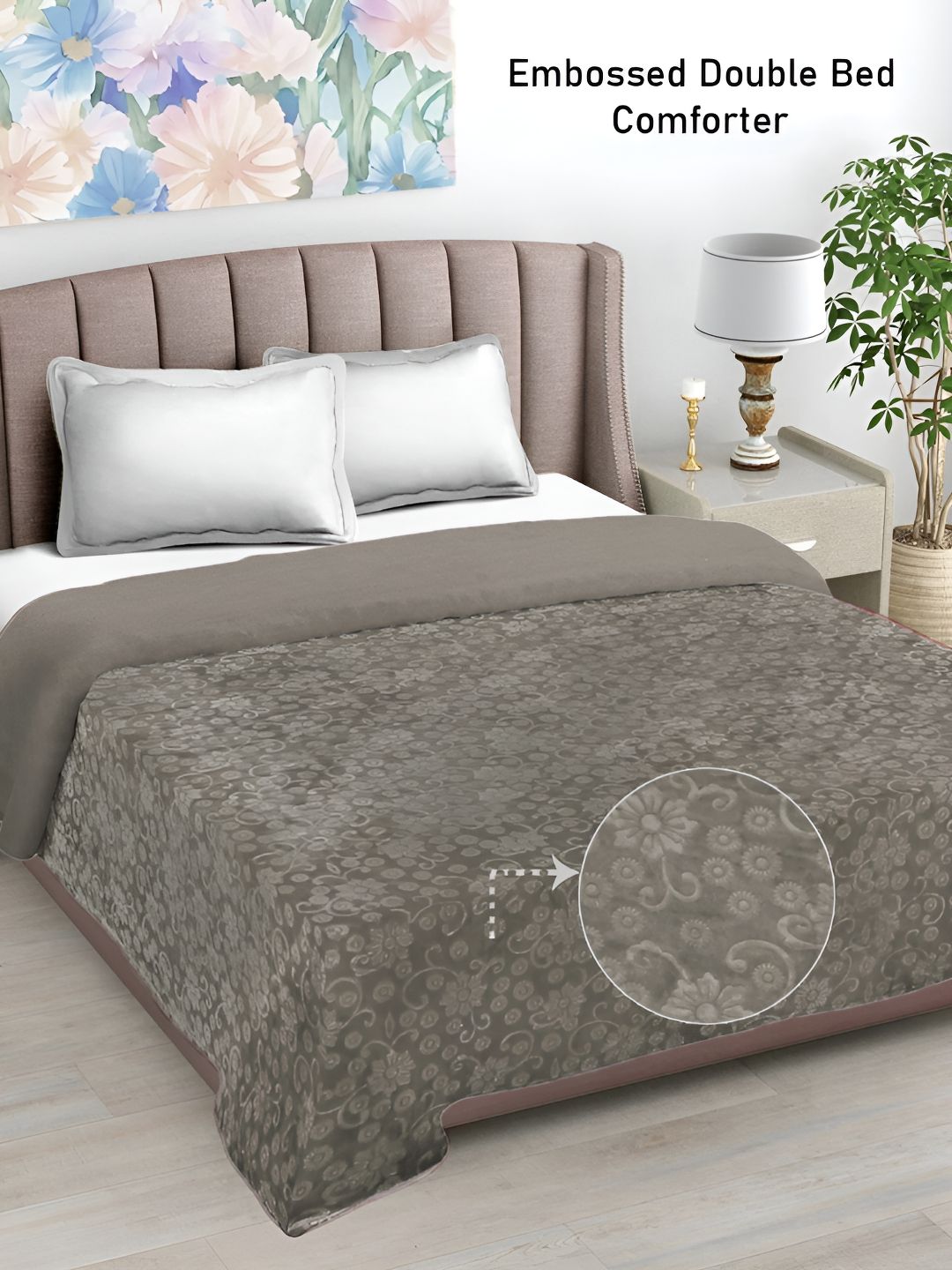 FABINALIV Taupe Floral Woollen Mild Winter Double Bed Comforter-image-2