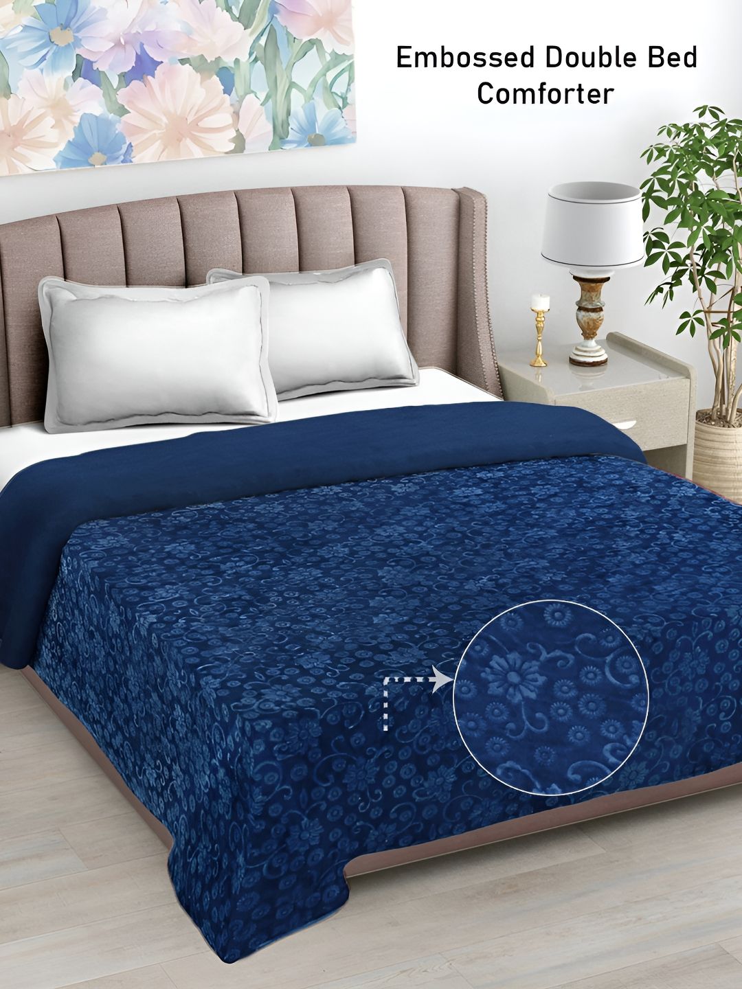 FABINALIV Navy Blue Floral Woollen Mild Winter Double Bed Comforter-picture-12