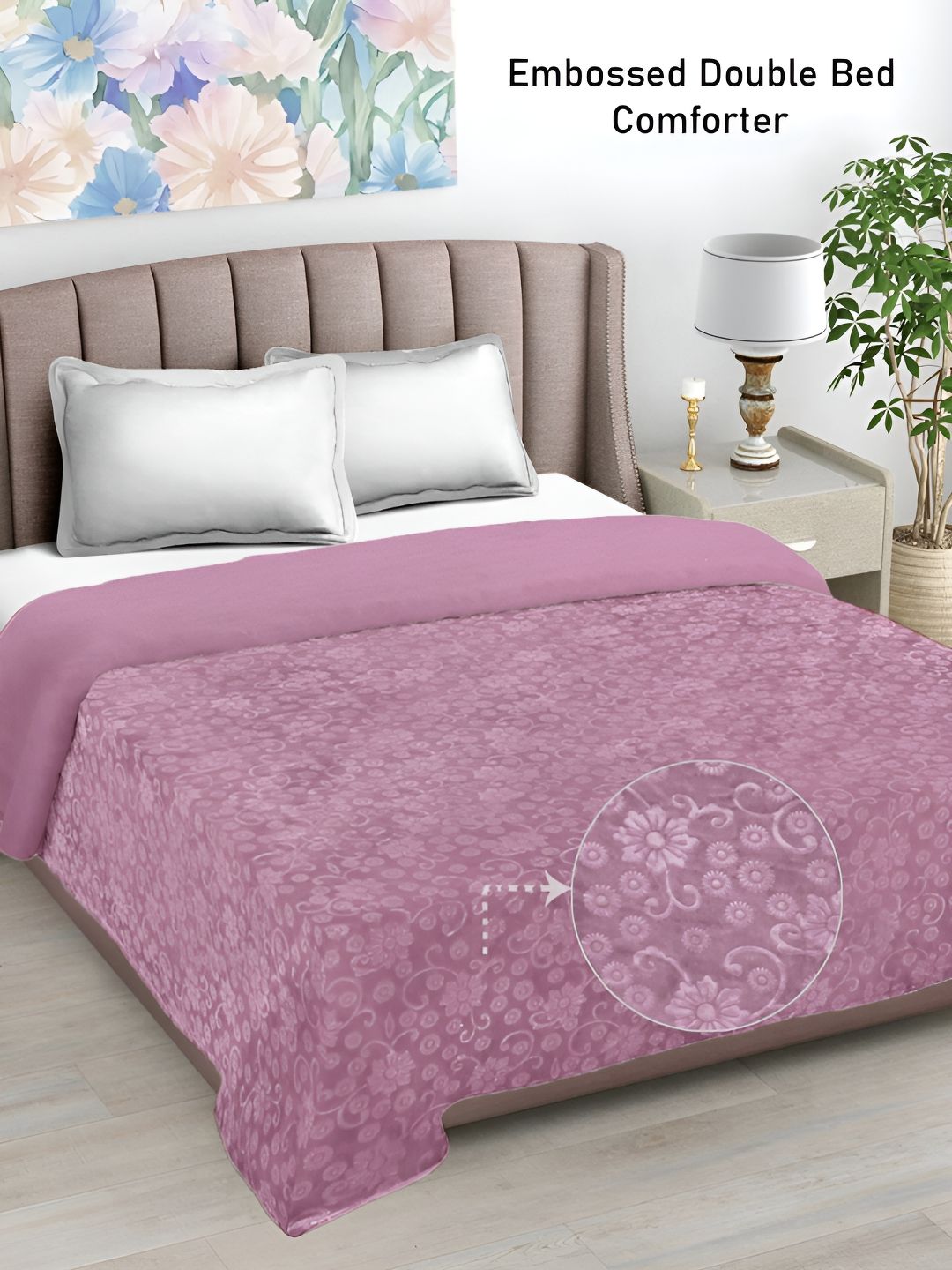 FABINALIV Pink Floral 500GSM Woollen Mild Winter Double Bed Comforter-image-2