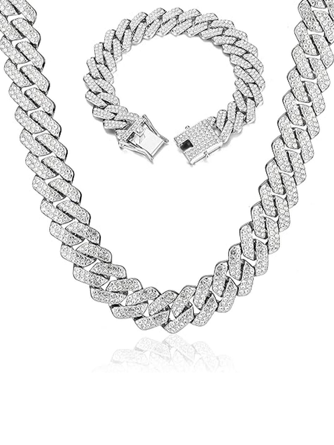 MEENAZ Men Silver Plated American Diamond Chain & Bracelet-picture-31