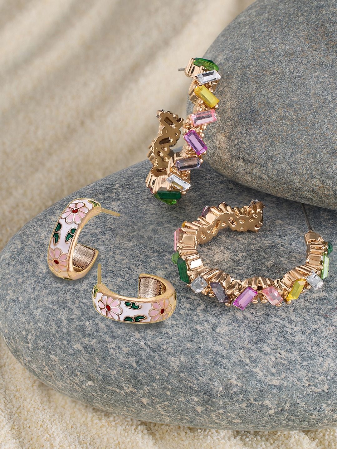 Zaveri Pearls Set Of 2 Gold-Plated Contemporary Hoop Earrings-picture-13