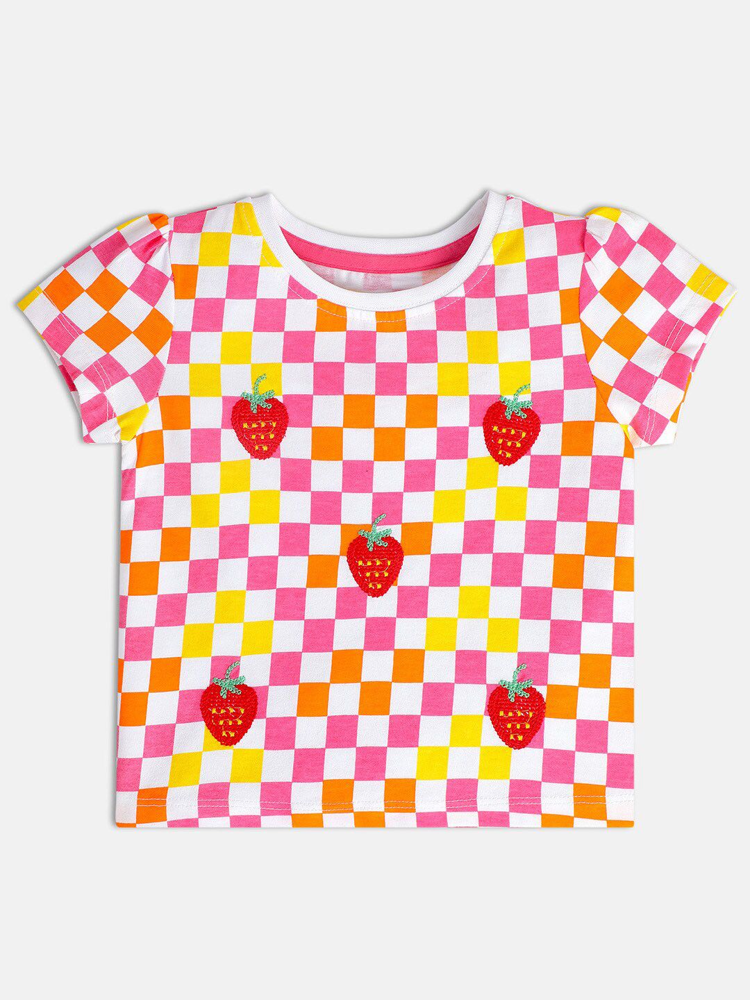 MINI KLUB Girls Embroidered Checked Round Neck Cap Sleeves Regular Cotton Top-picture-23