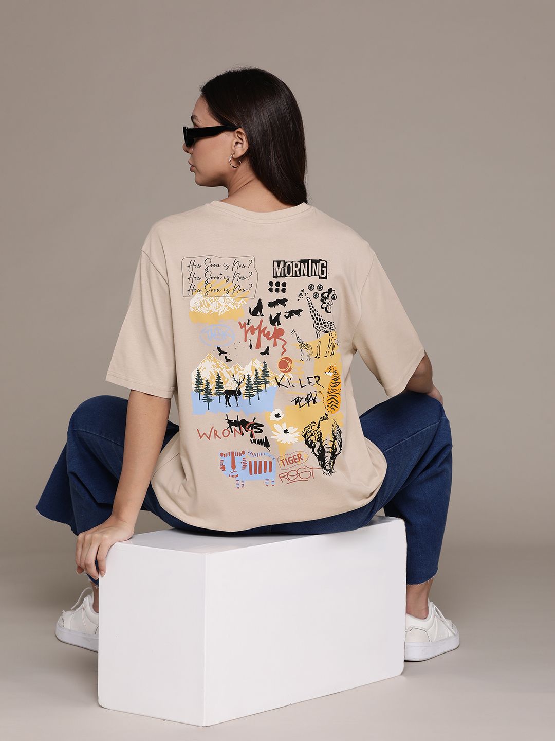 The Roadster Lifestyle Co. Women Printed Pure Cotton Oversized Longline T-shirt