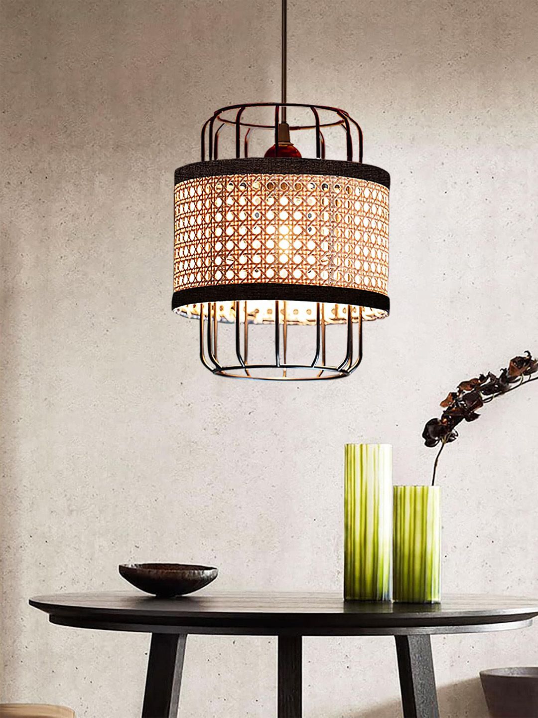 Homesake Beige Textured Cylinder Wooded Contemporary Ceiling Lamp-picture-42