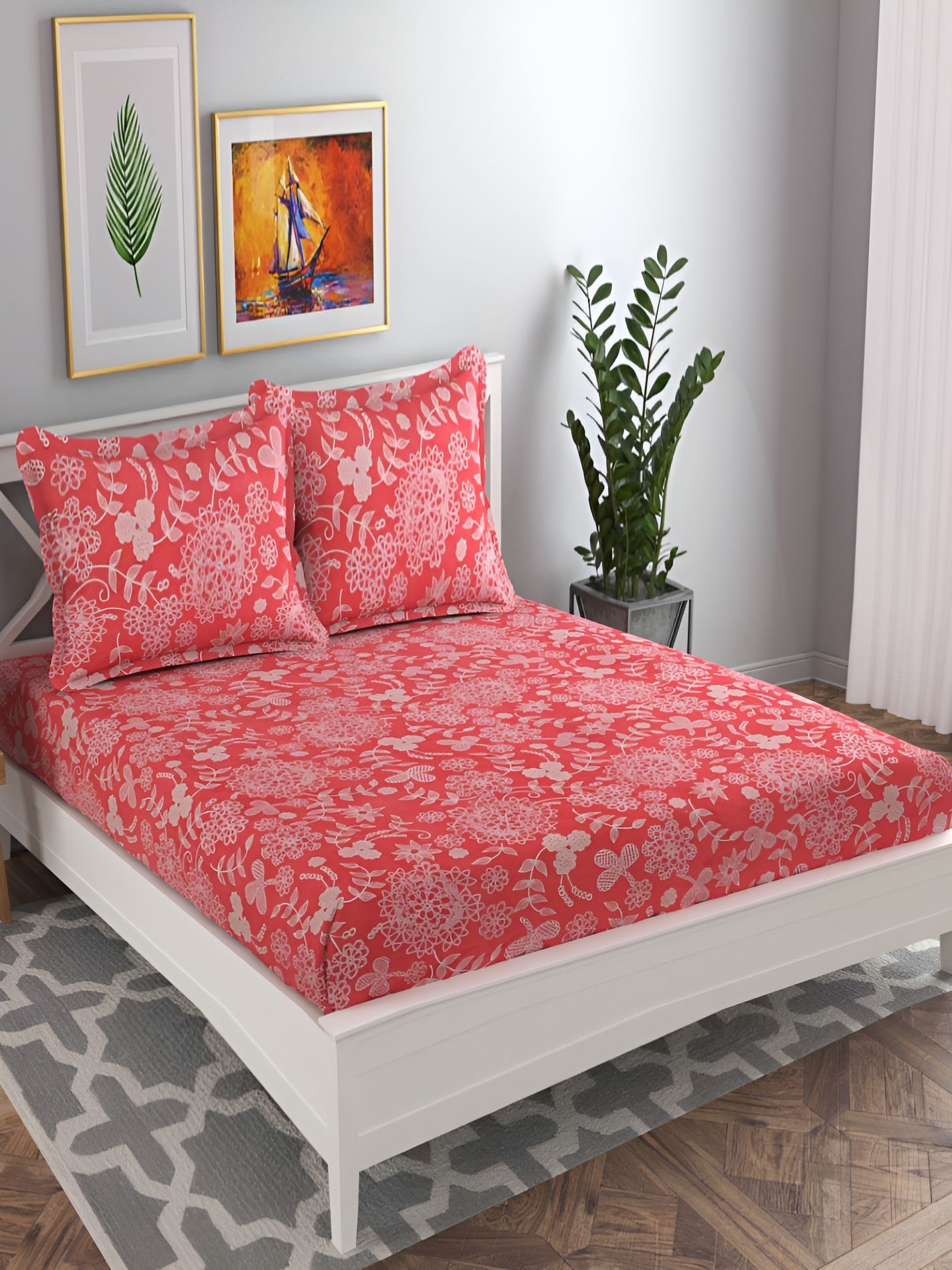 bsb home Pink & White Floral 120 TC Queen Bedsheet with 2 Pillow Covers-picture-19