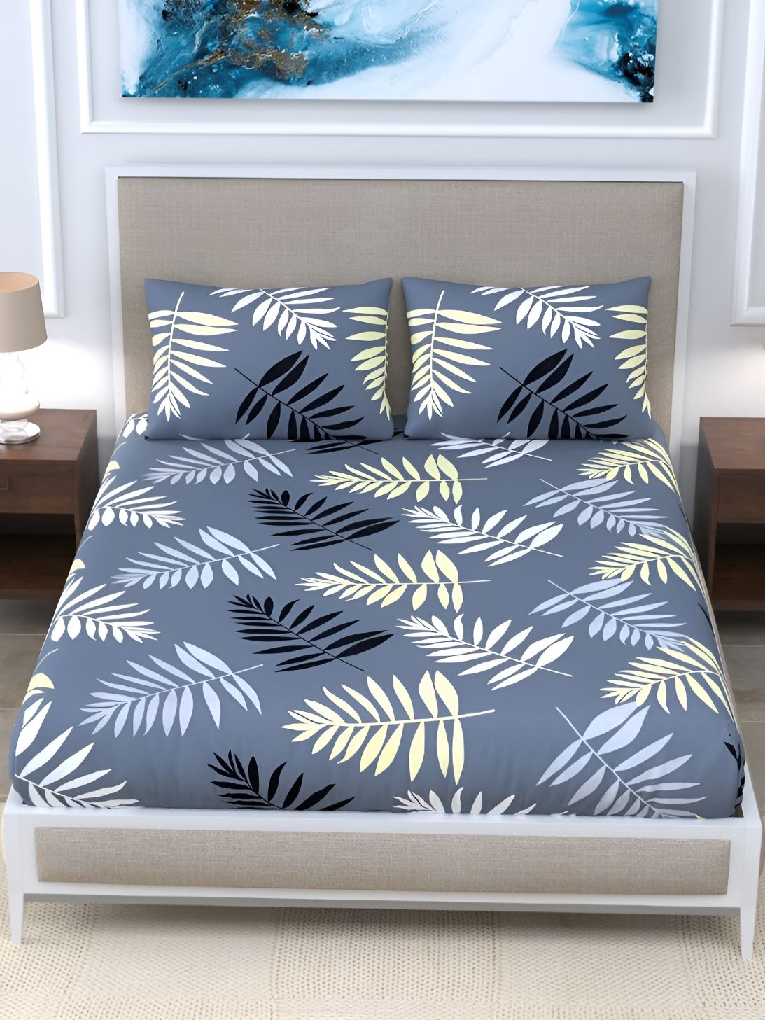 EasyGoods Grey & Yellow Floral 120 TC King Bedsheet with 2 Pillow Covers-picture-25