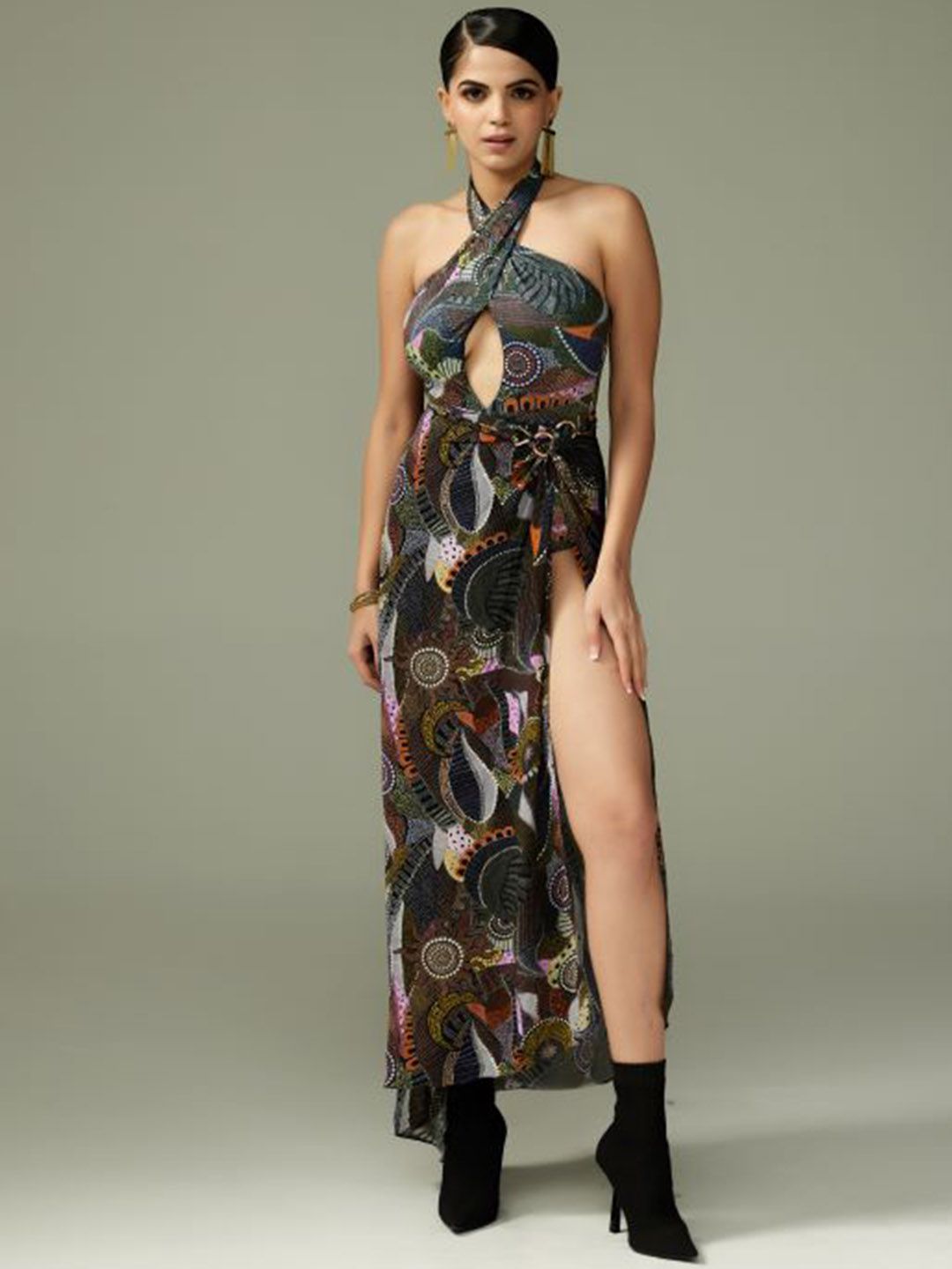 Tizzi Abstract Printed Halter Neck Cut Out Bodysuit-picture-16