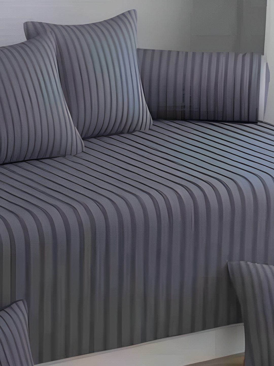 Bajo's Grey 8 Pieces Striped Cotton Diwan Set