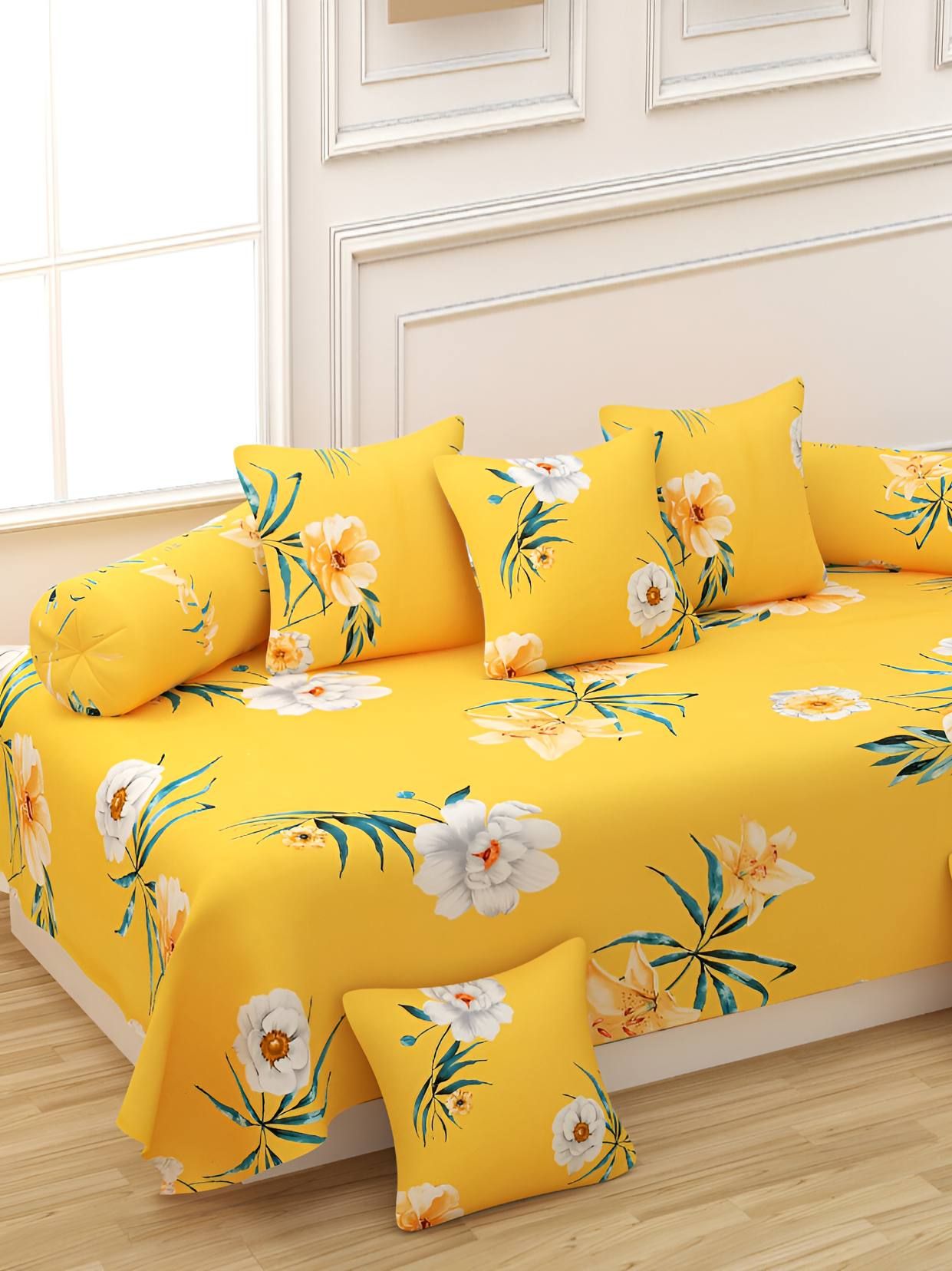 Bajo's Yellow & White 8 Pieces Floral Printed Cotton Diwan Set