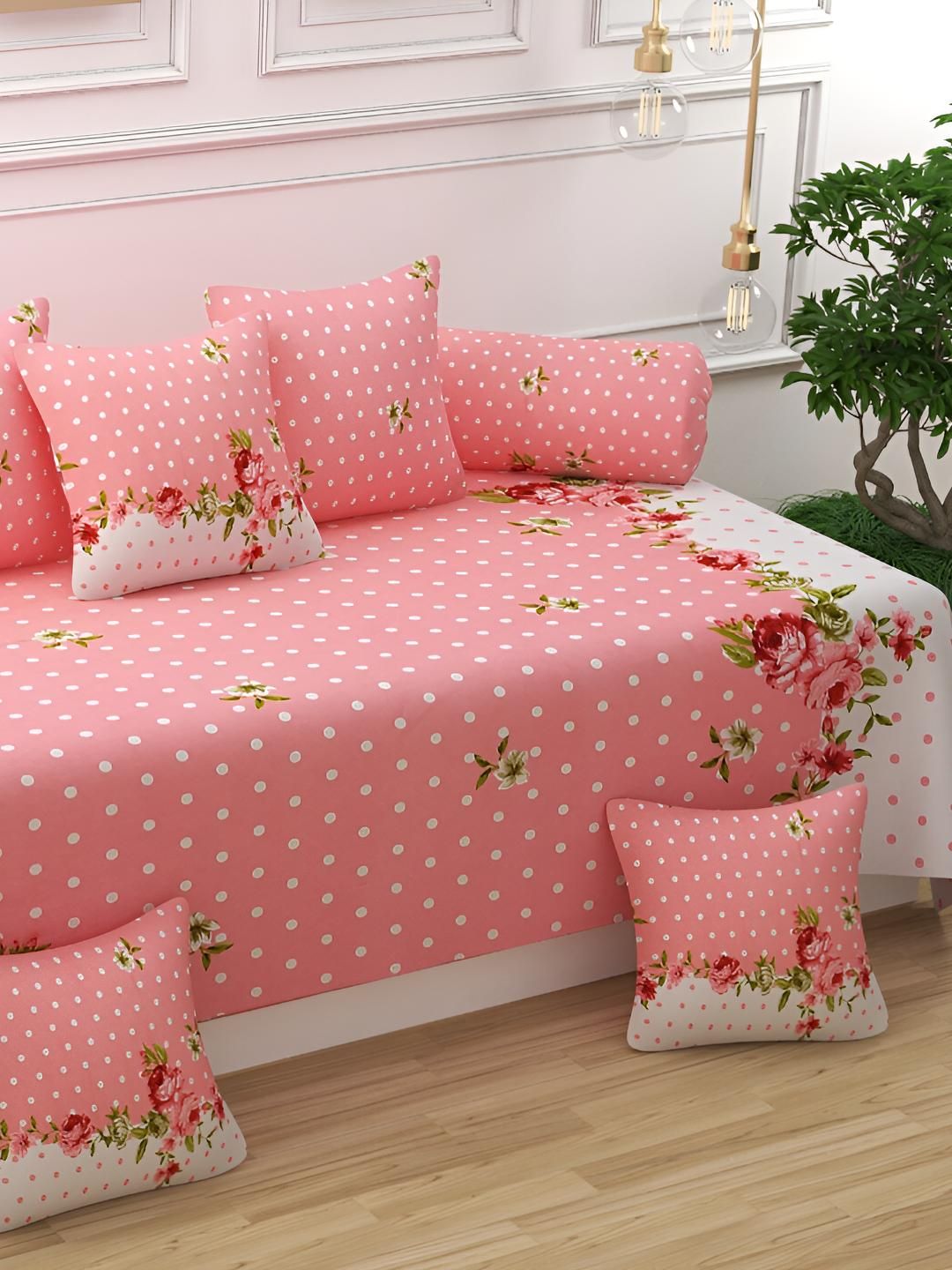 Bajo's Pink & White 8 Pieces Floral Printed Cotton Diwan Set-picture-41