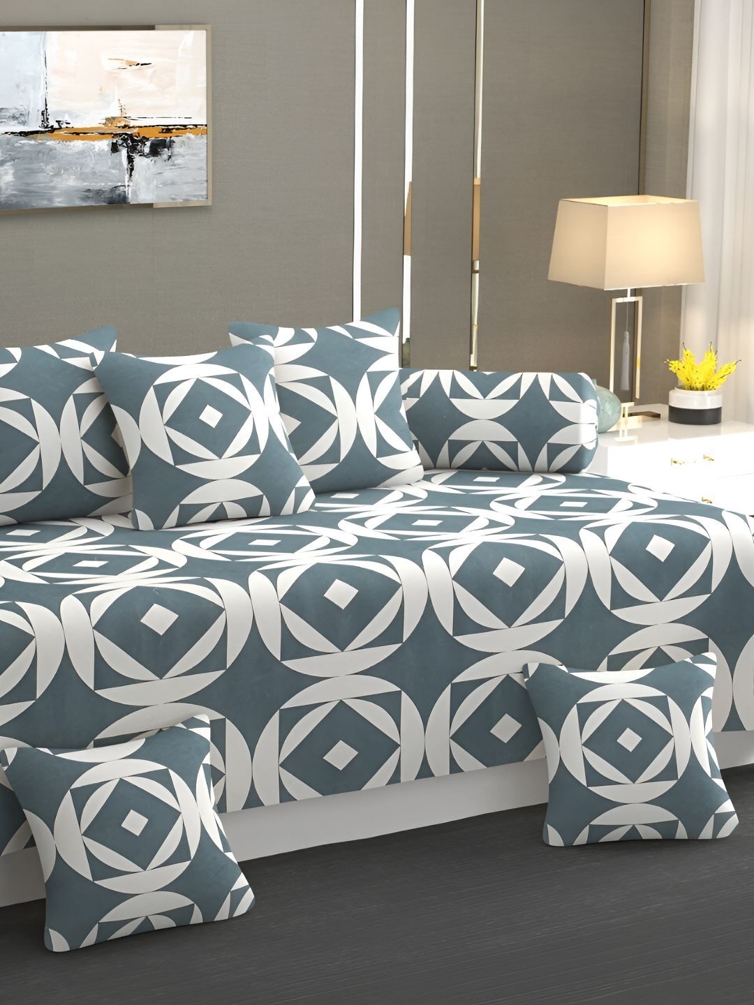 Bajo's Grey & White 8 Pieces Geometric Printed Cotton Diwan Set-image-34