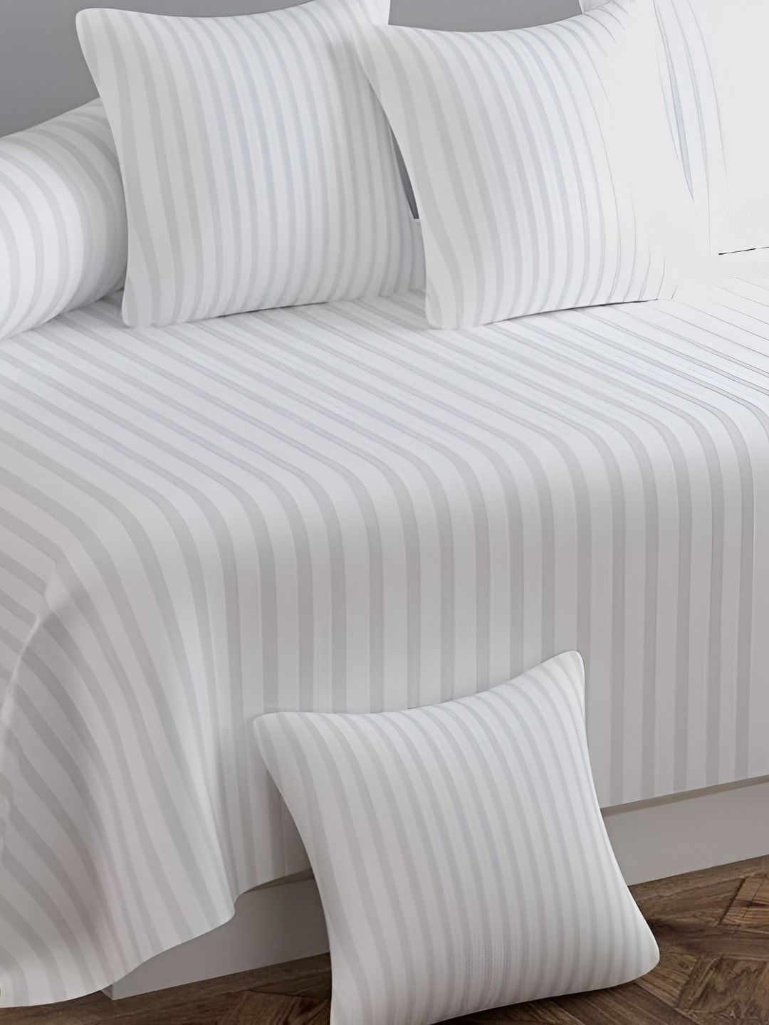 Bajo's White 8 Pieces Striped Cotton Diwan Set