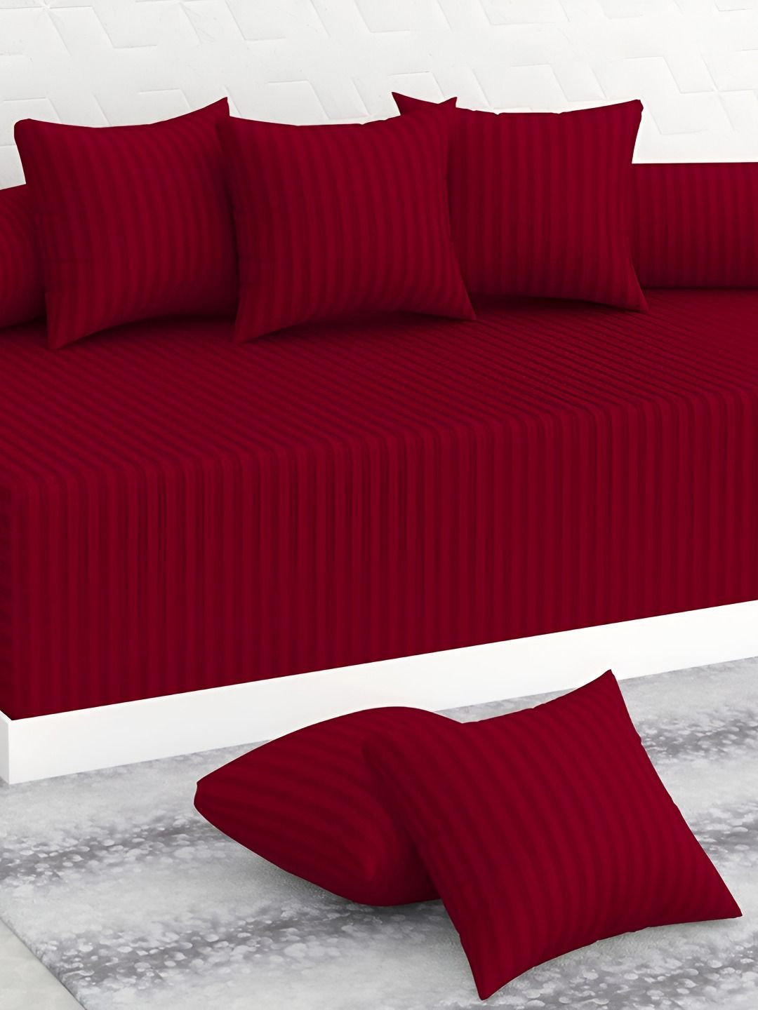 Bajo's Maroon 8 Pieces Striped Cotton Diwan Set-image-26