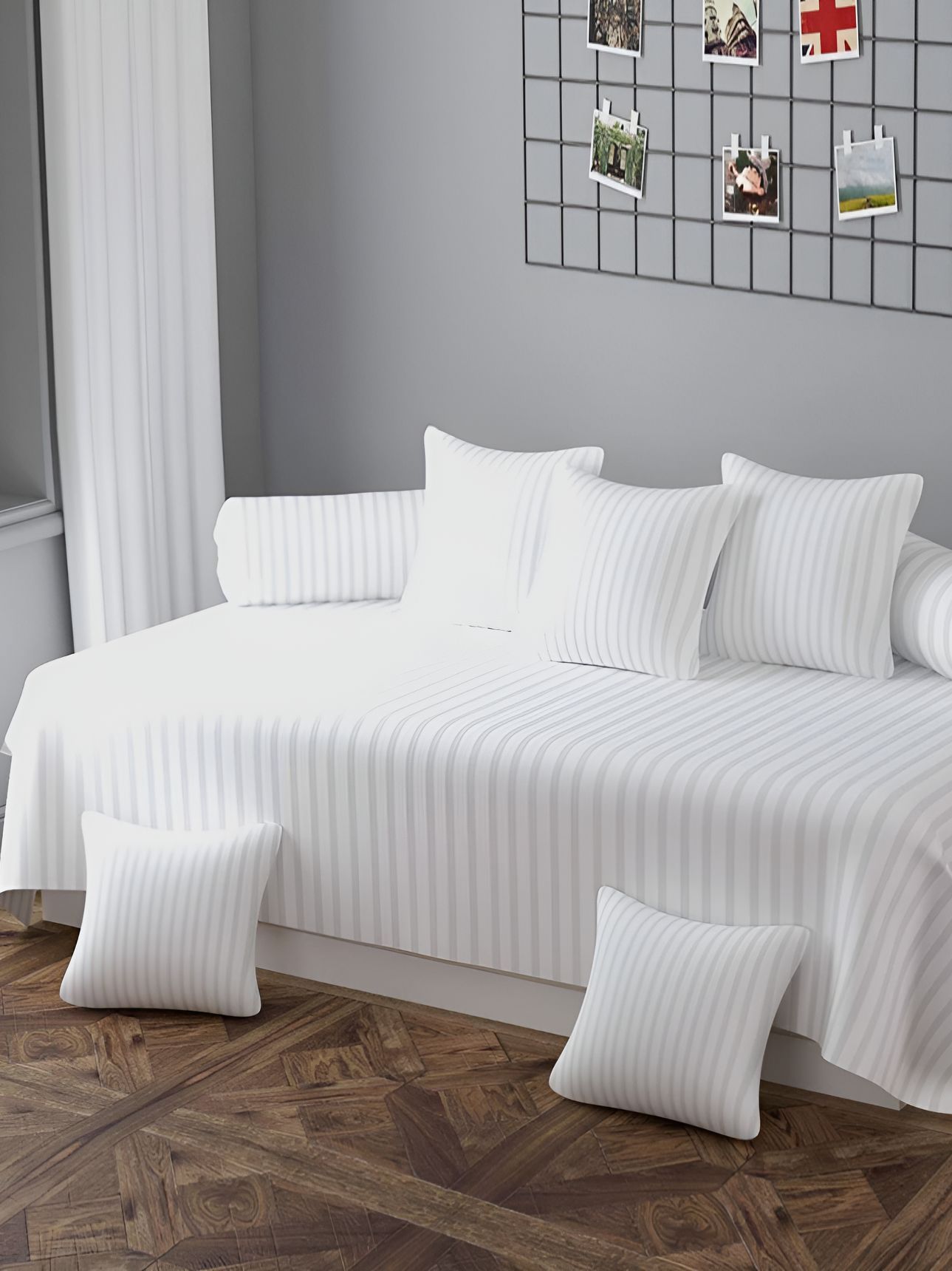 Bajo's White 8 Pieces Striped Cotton Diwan Set-picture-28