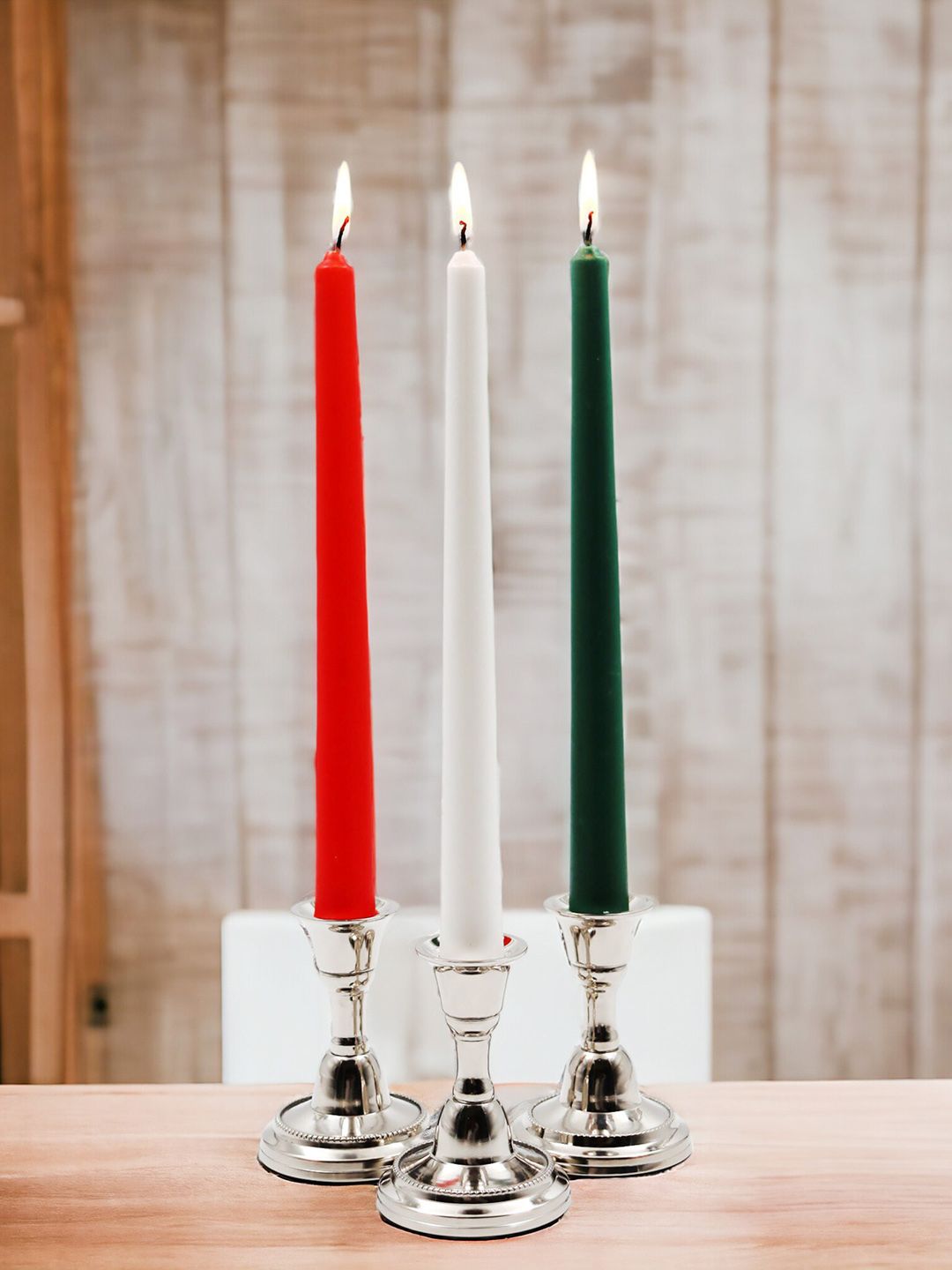 HOSLEY 3 Pieces White & Green Taper Candles Republic Day Special Candles-picture-25
