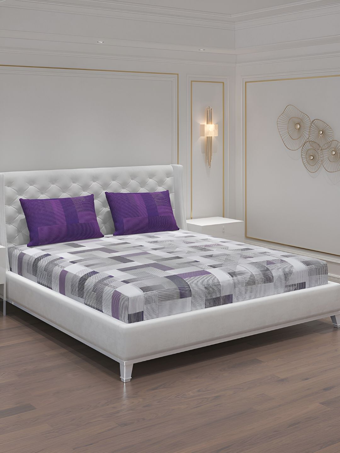 Moca By Monte Carlo White & Purple Geometric 104 TC 2 Queen Bedsheet with 4 Pillow Covers-picture-14