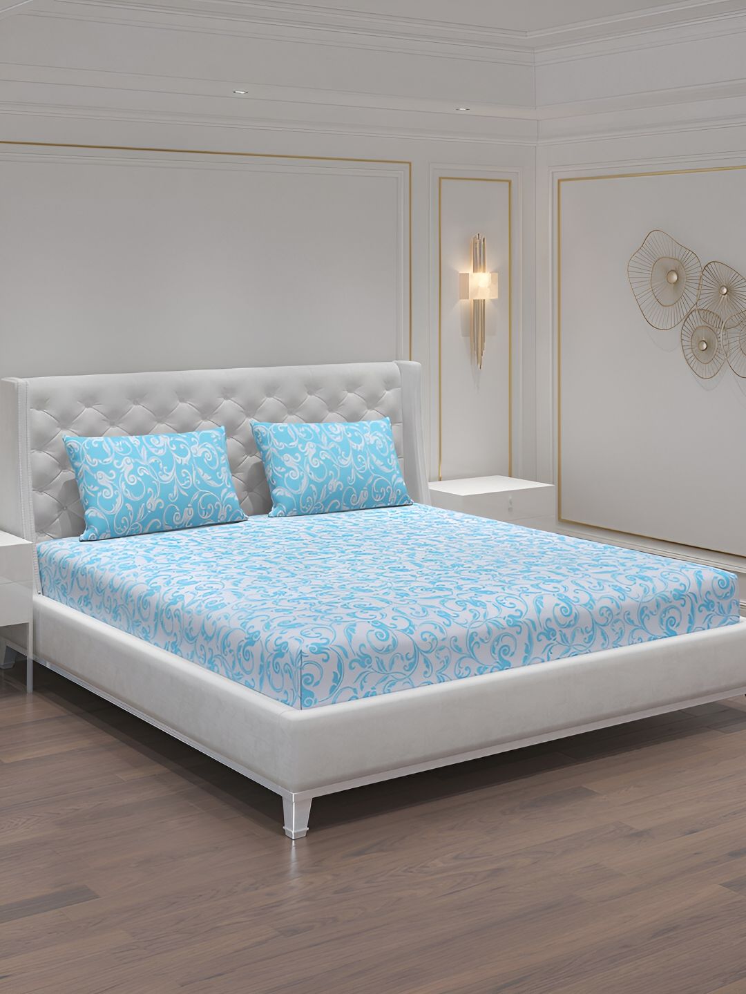 Moca By Monte Carlo Blue & White Floral 104 TC Queen Bedsheet with 2 Pillow Covers-picture-25