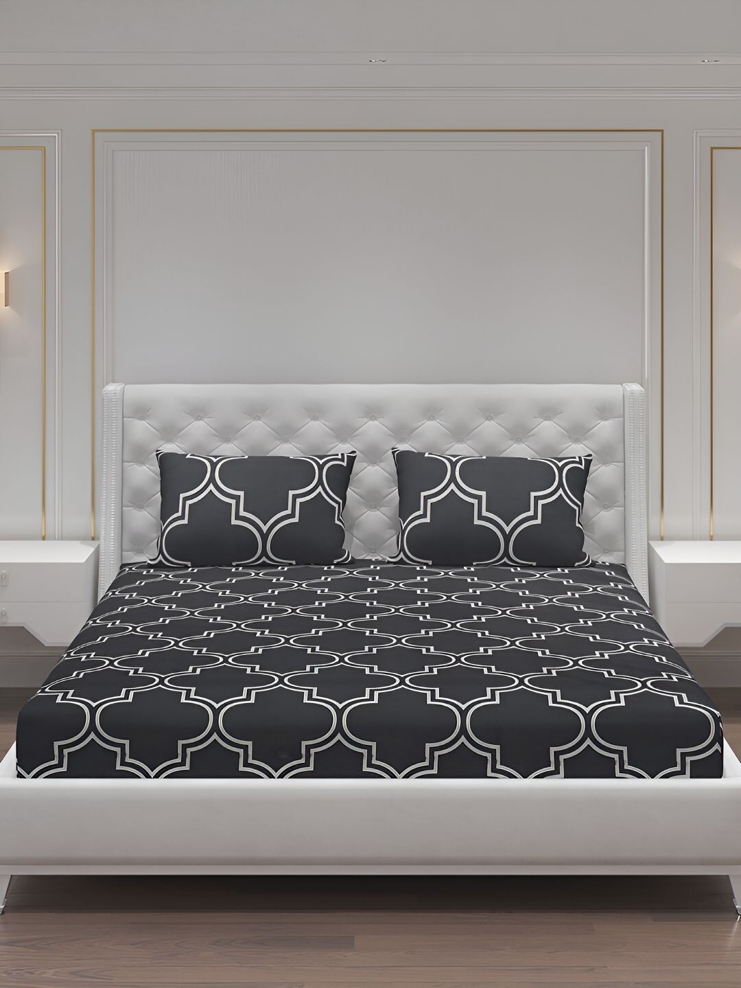 Moca By Monte Carlo Charcoal & White Geometric 120 TC Queen Bedsheet with 2 Pillow Covers-picture-27