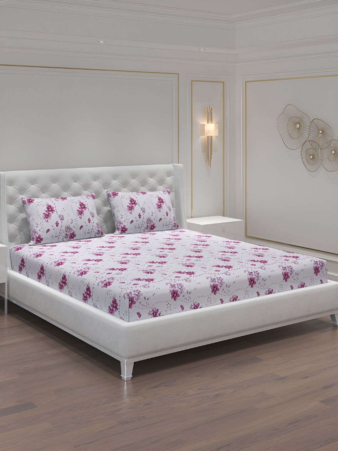 Moca By Monte Carlo White & Pink Floral 104 TC 2 Queen Bedsheet with 4 Pillow Covers-picture-16