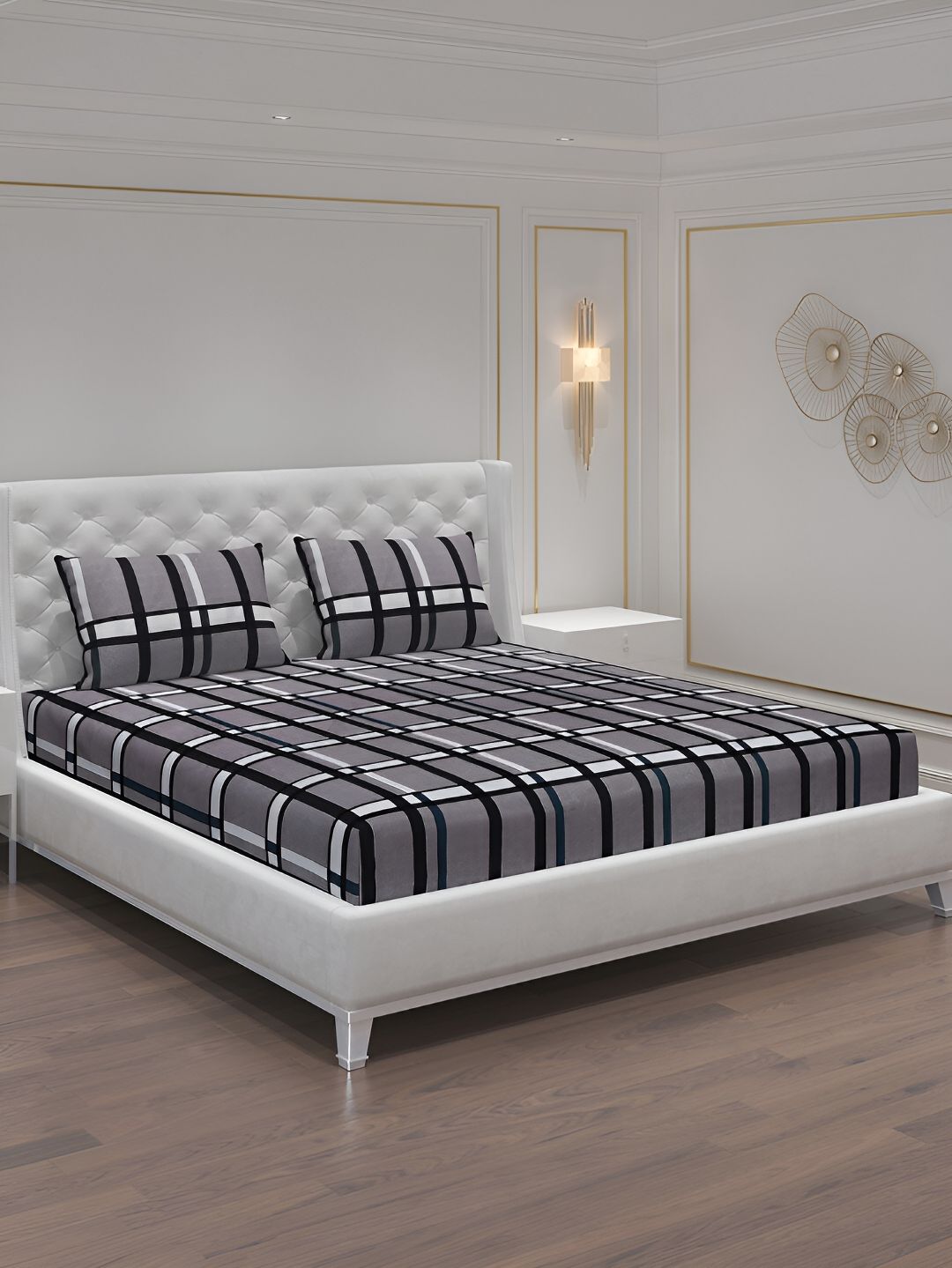 Moca By Monte Carlo Grey & Black Geometric 120 TC 2 Queen Bedsheet with 4 Pillow Covers-picture-24