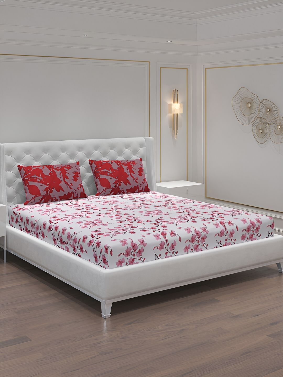 Moca By Monte Carlo Off White & Pink Floral 104 TC 2 Queen Bedsheet with 4 Pillow Covers-picture-29