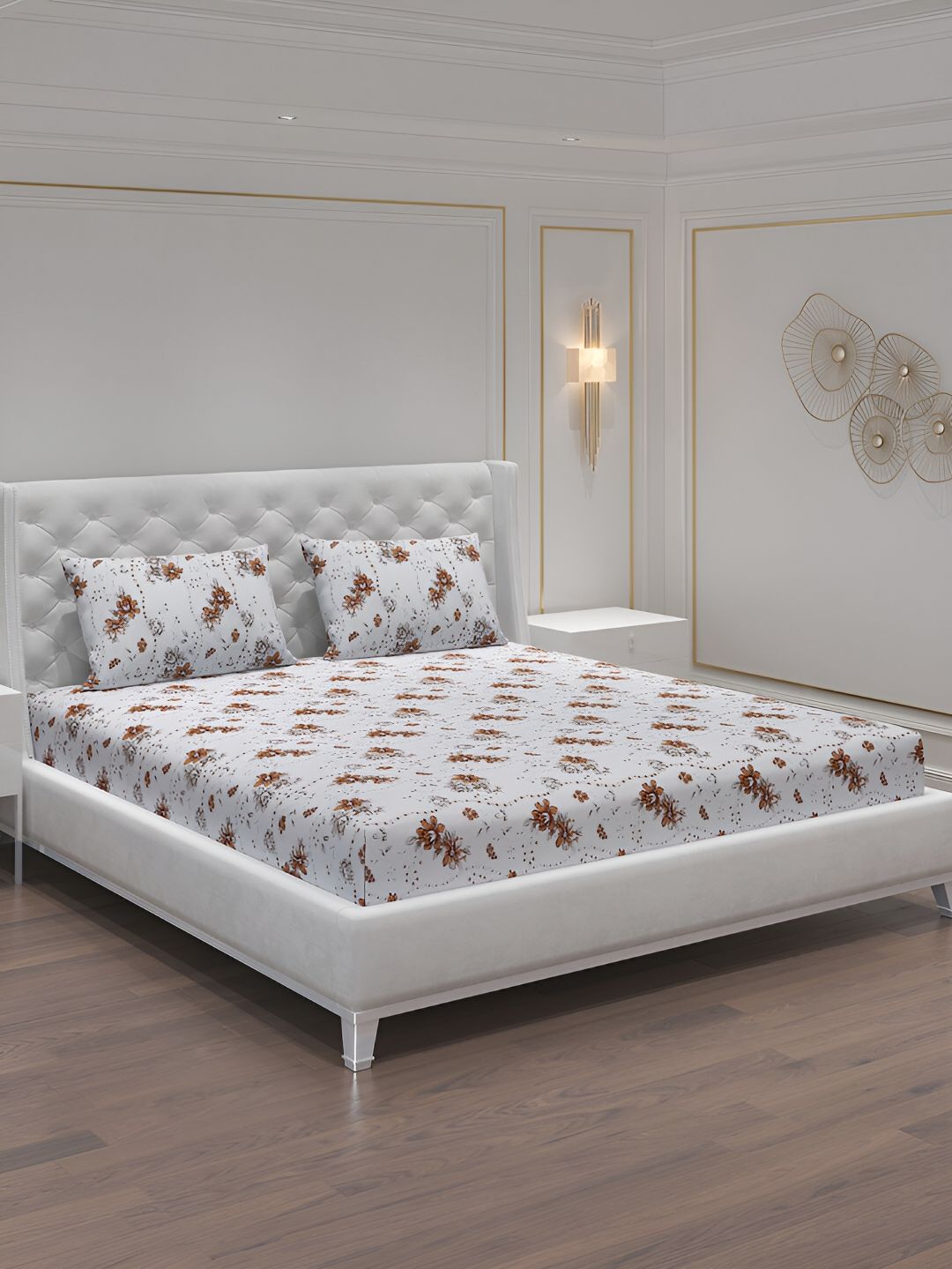 Moca By Monte Carlo White & Brown Floral 104 TC 2 Queen Bedsheet with 4 Pillow Covers-picture-20