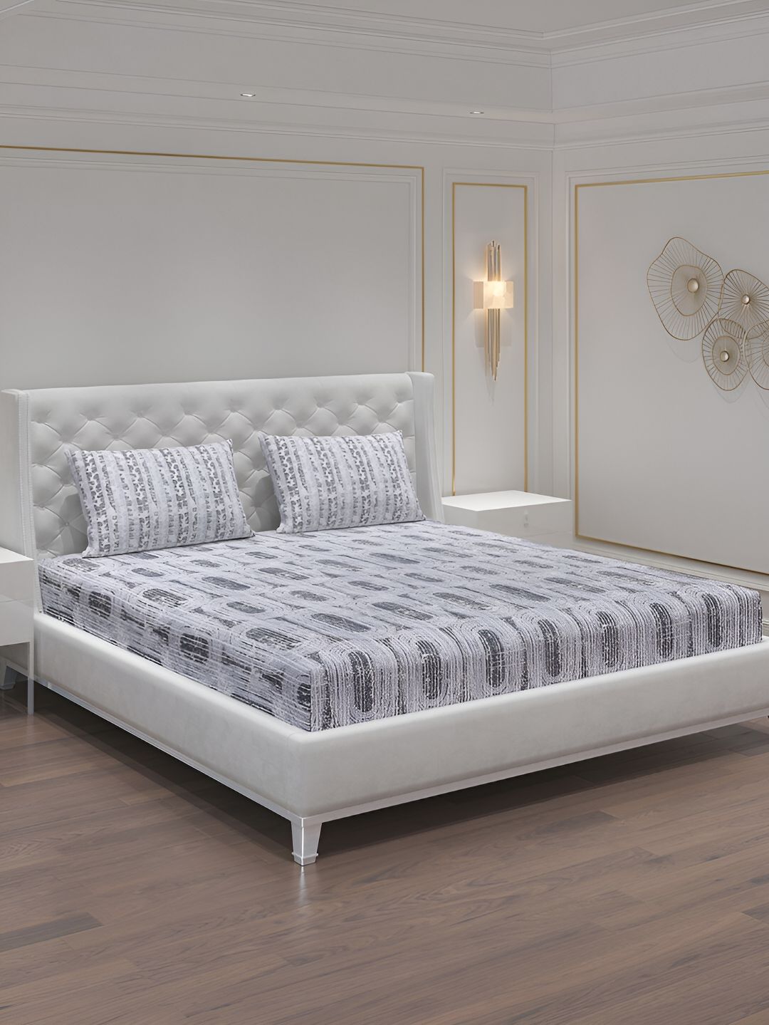 Moca By Monte Carlo Grey & White 104 TC Queen Bedsheet with 2 Pillow Covers-picture-26