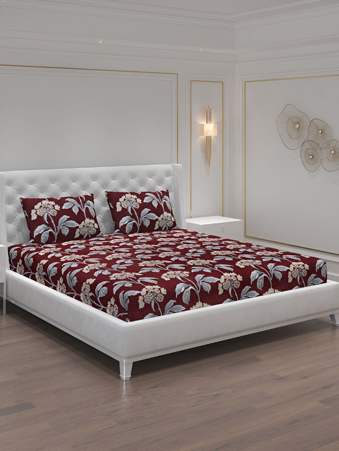Moca By Monte Carlo Maroon & Grey Floral 120 TC 2 Queen Bedsheet with 4 Pillow Covers-picture-32