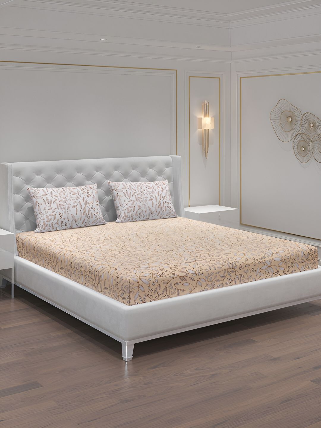 Moca By Monte Carlo Beige & White Floral 104 TC Queen Bedsheet with 2 Pillow Covers-picture-22