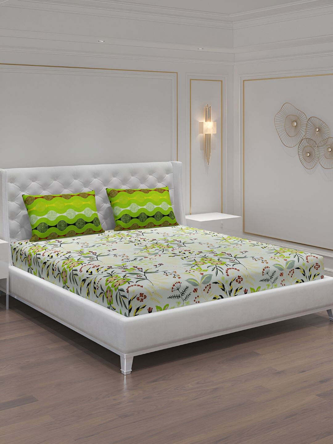 Moca By Monte Carlo White & Green Floral 144 TC Queen Bedsheet with 2 Pillow Covers-picture-17