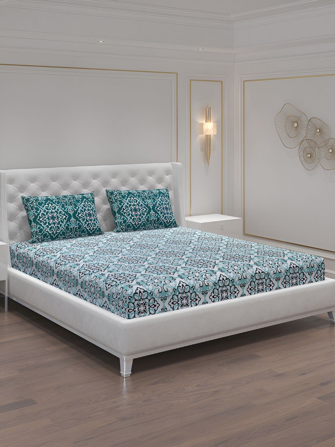 Moca By Monte Carlo Turquoise Blue & White 104 TC 2 Queen Bedsheet with 4 Pillow Covers-picture-37