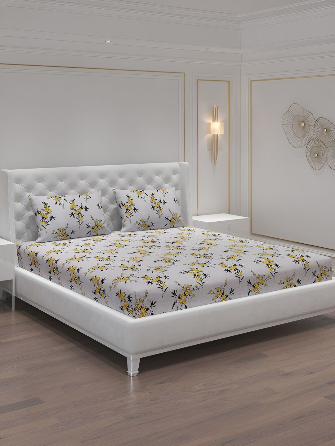Moca By Monte Carlo Grey & Yellow Floral 120 TC 2 Queen Bedsheet with 4 Pillow Covers-picture-38