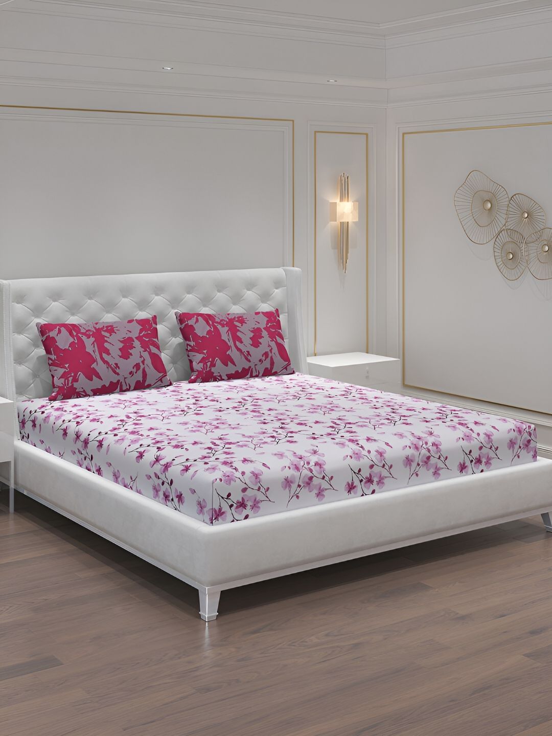 Moca By Monte Carlo Off White & Pink Floral 104 TC 2 Queen Bedsheet with 4 Pillow Covers-picture-35