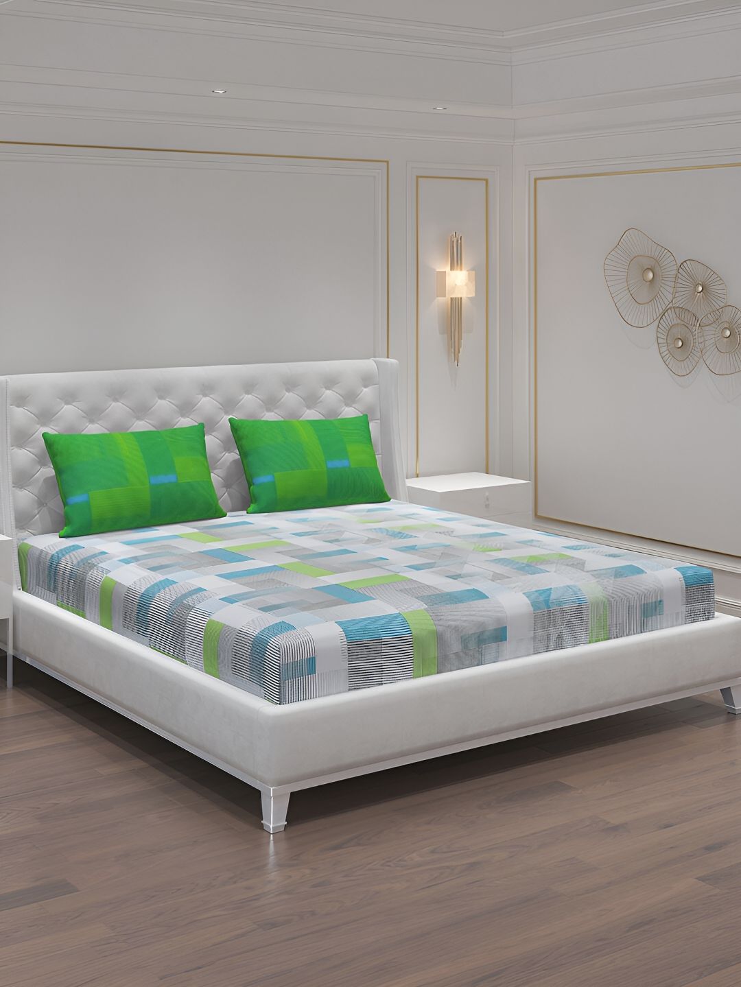 Moca By Monte Carlo White & Blue 104 TC 2 Queen Bedsheet with 4 Pillow Covers-picture-18