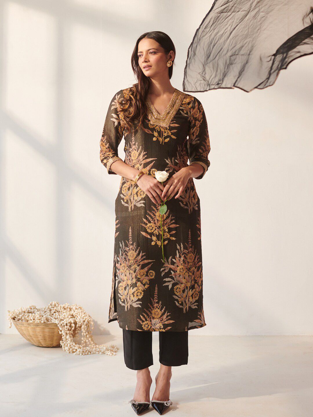 Maroon and Gold Floral Zari Yoke Design Straight Kurta with Trouser & Dupatta main image 1