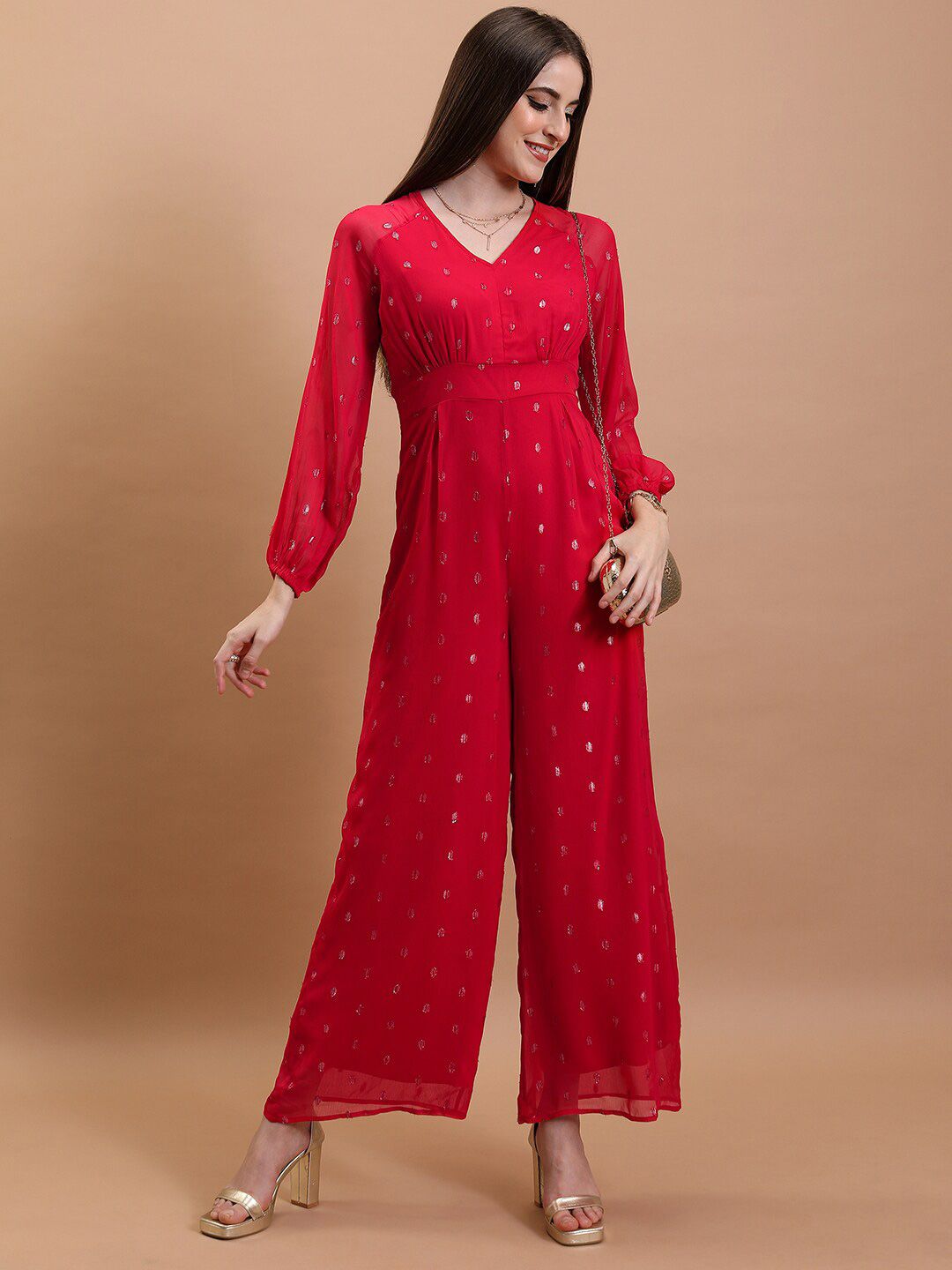Tokyo Talkies Red Puffed Sleeves Embellished Basic Jumpsuit-picture-30