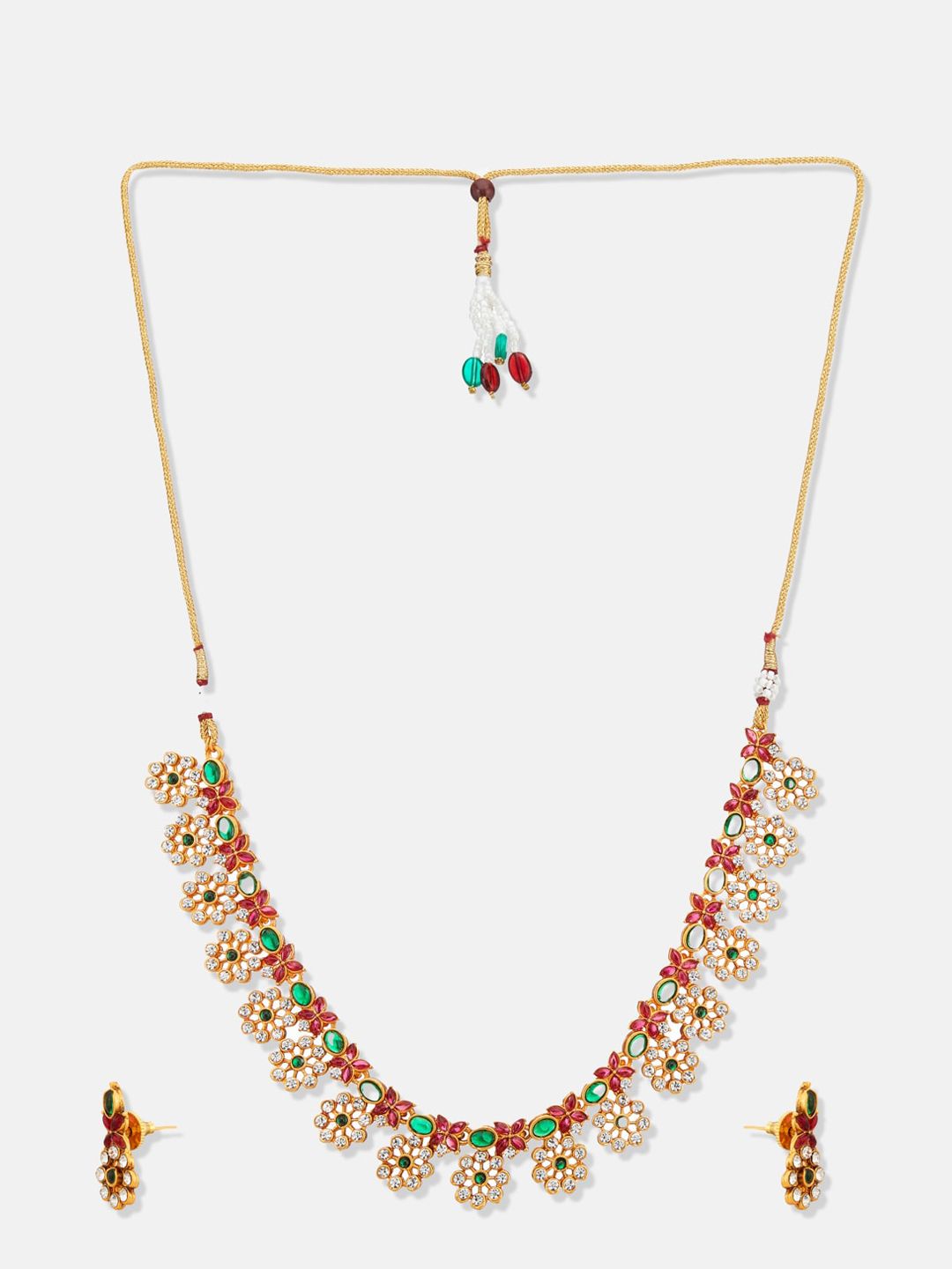 ATIBELLE Gold Plated Stone-Studded & Beaded Floral Shaped Jewellery Set