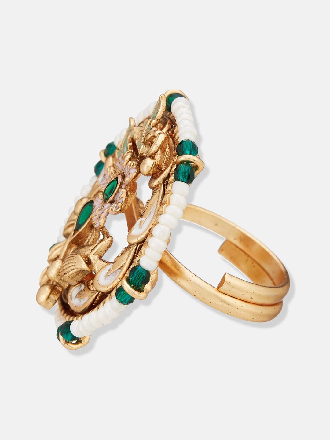ATIBELLE Gold-Plated Kundan Studded & Beaded Finger Ring