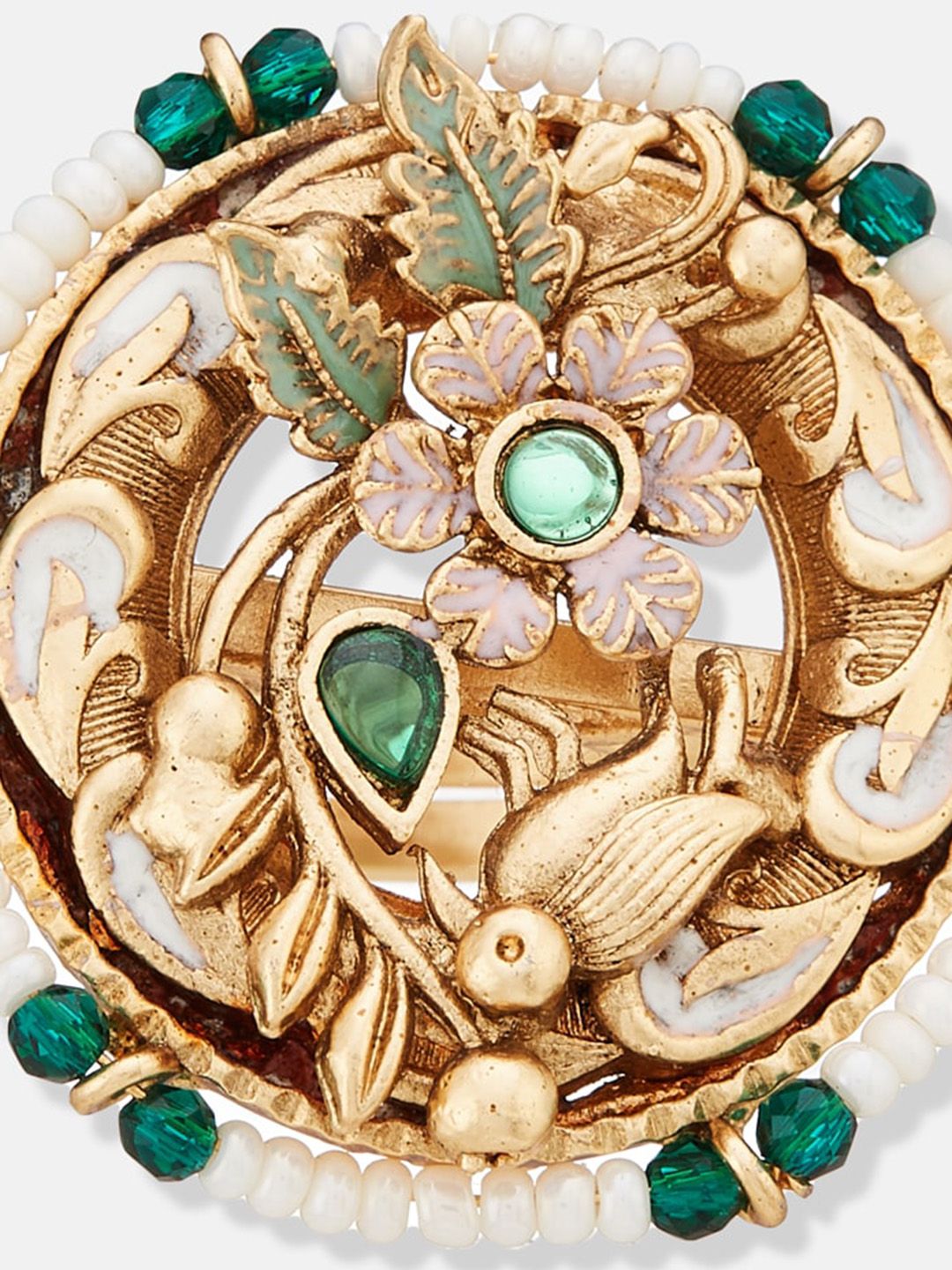 ATIBELLE Gold-Plated Kundan Studded & Beaded Finger Ring